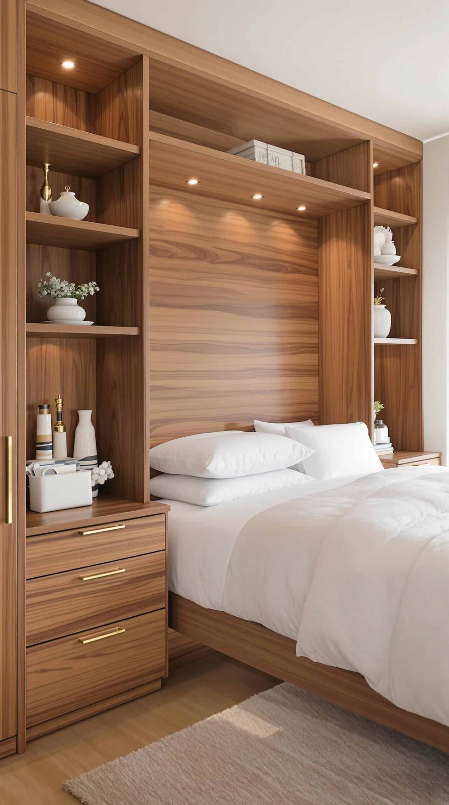 a bed sitting in a bedroom next to a wooden shelf