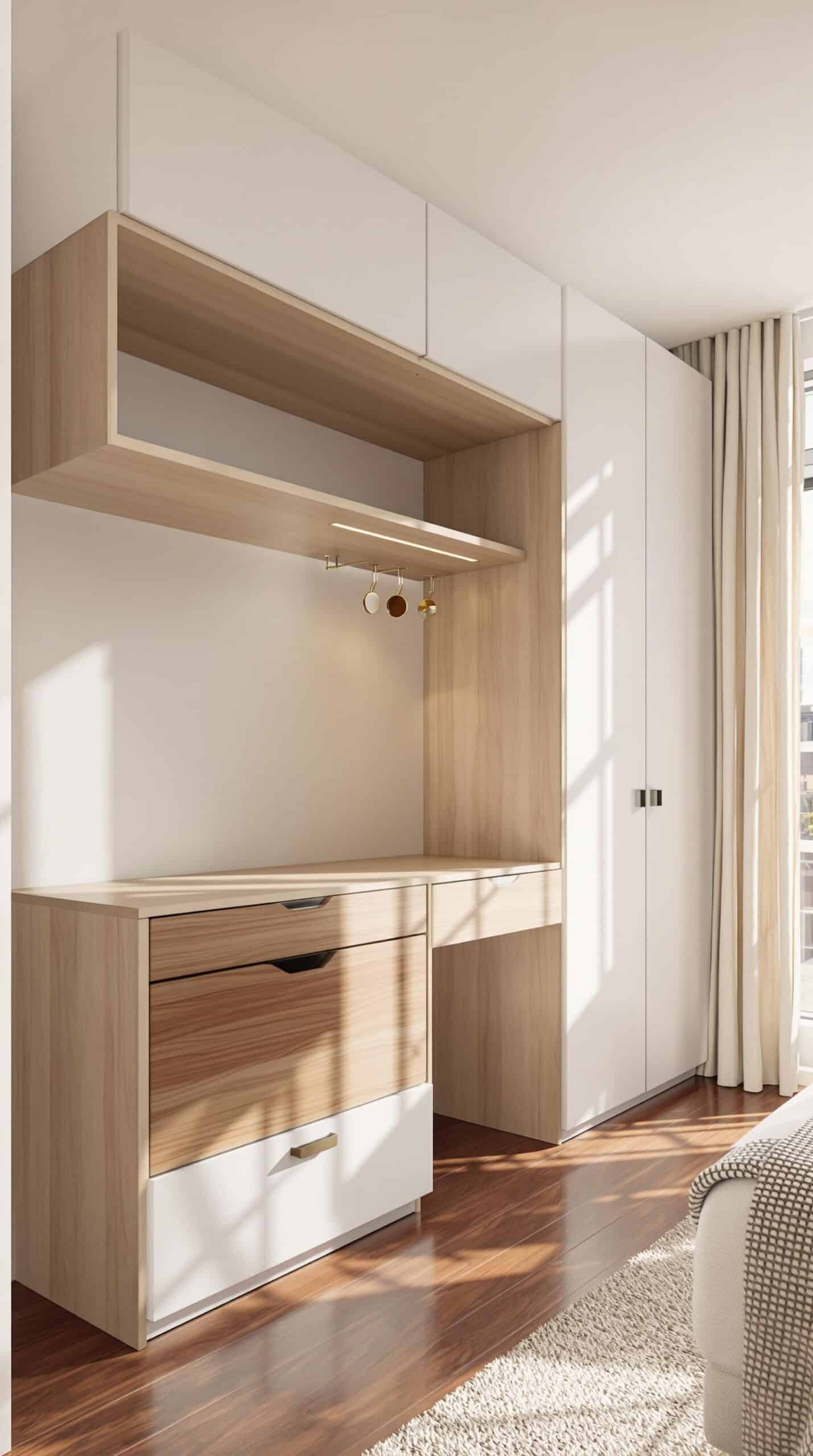 a room with a bed, a desk and a window