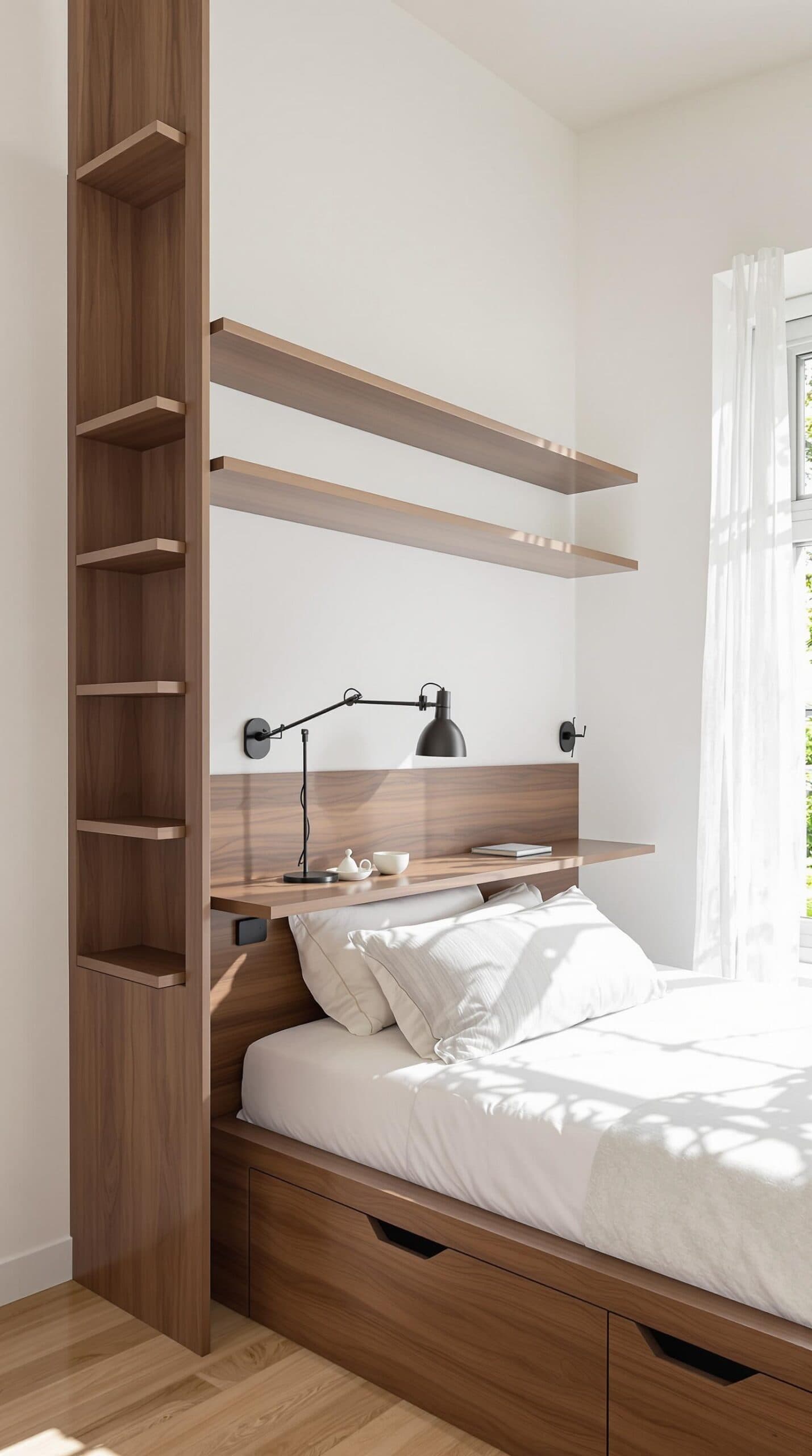 a bed sitting under a window next to a wooden shelf