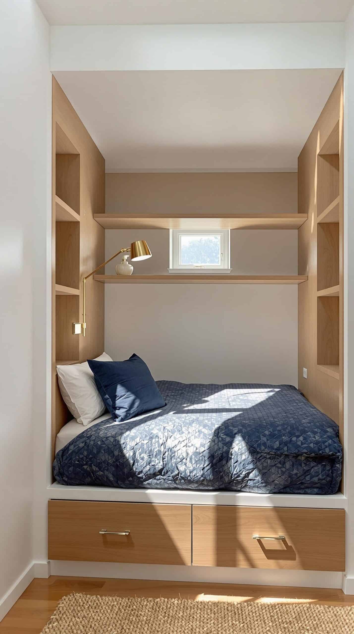 a bed sitting under a window in a bedroom