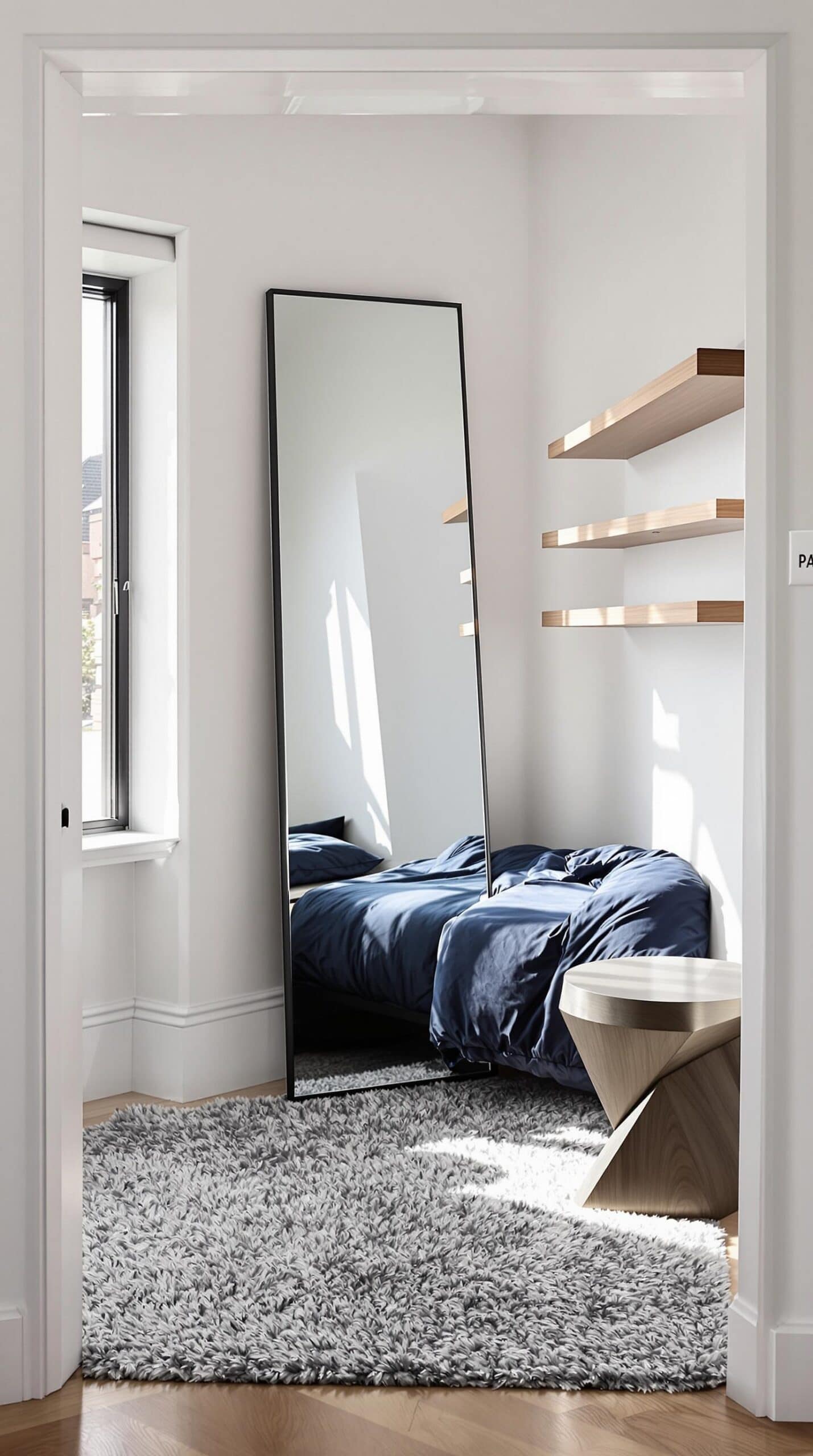 a bedroom with a large mirror on the wall
