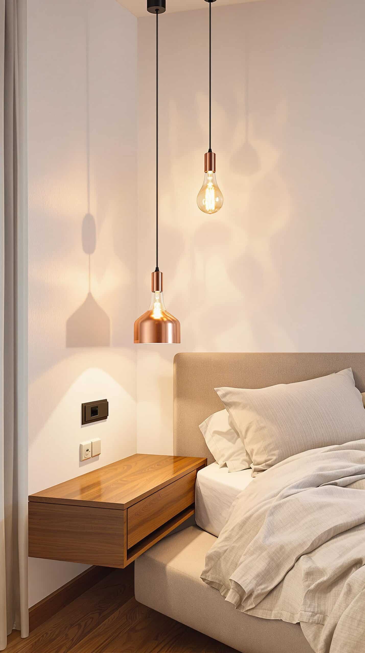a bedroom with a bed, nightstand, and two hanging lights