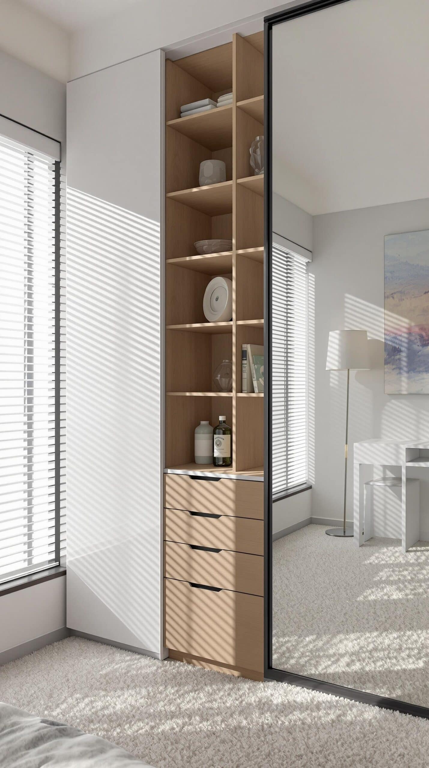 a bedroom with a large mirror and a wooden shelf