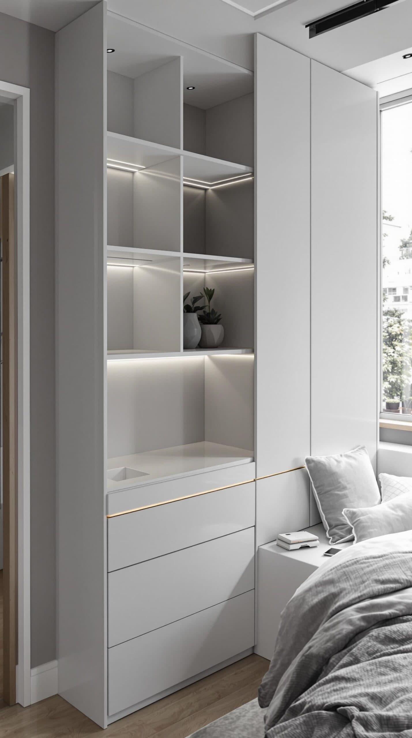a bedroom with a bed and a white closet