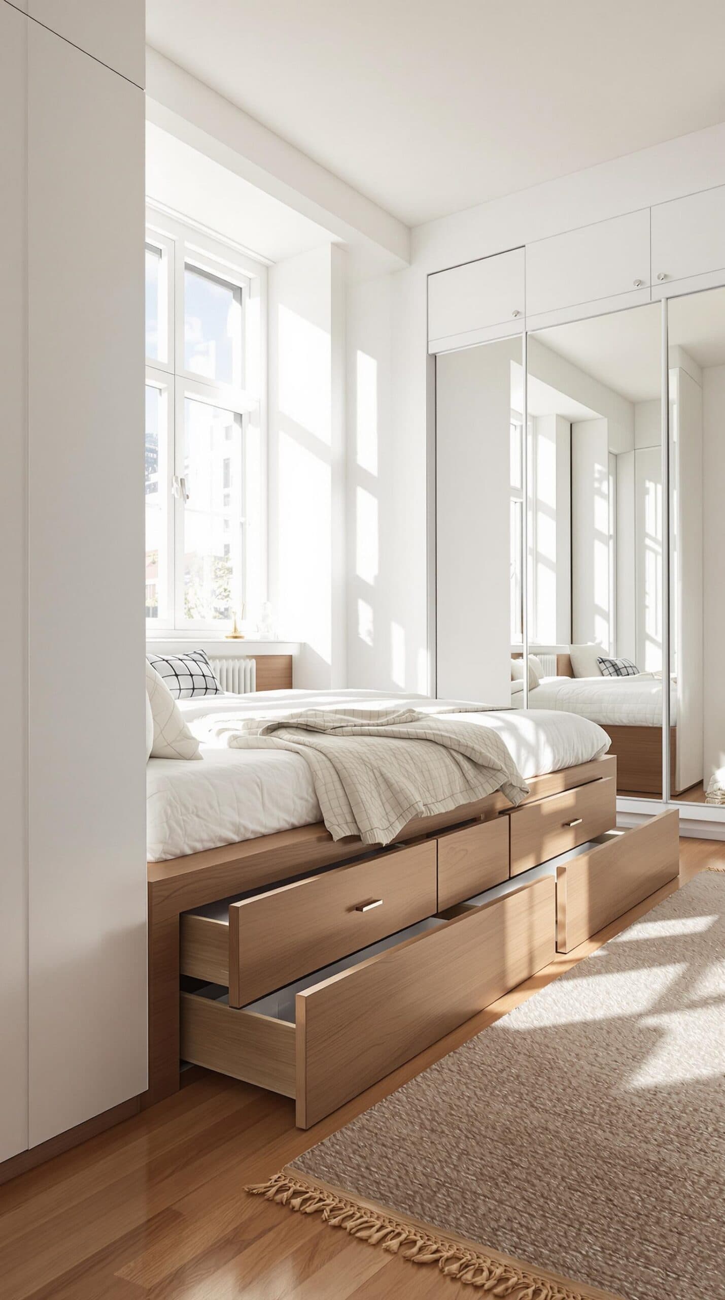 a bedroom with a bed, dresser and mirror