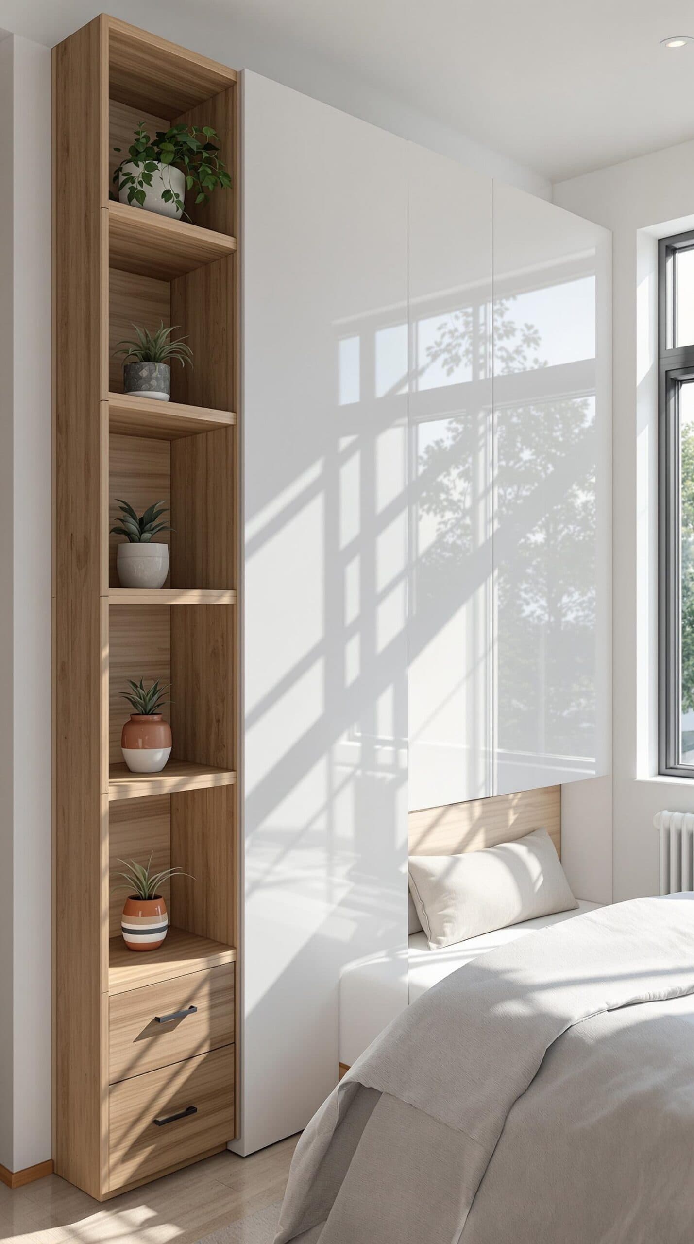 a bedroom with a bed and a book shelf