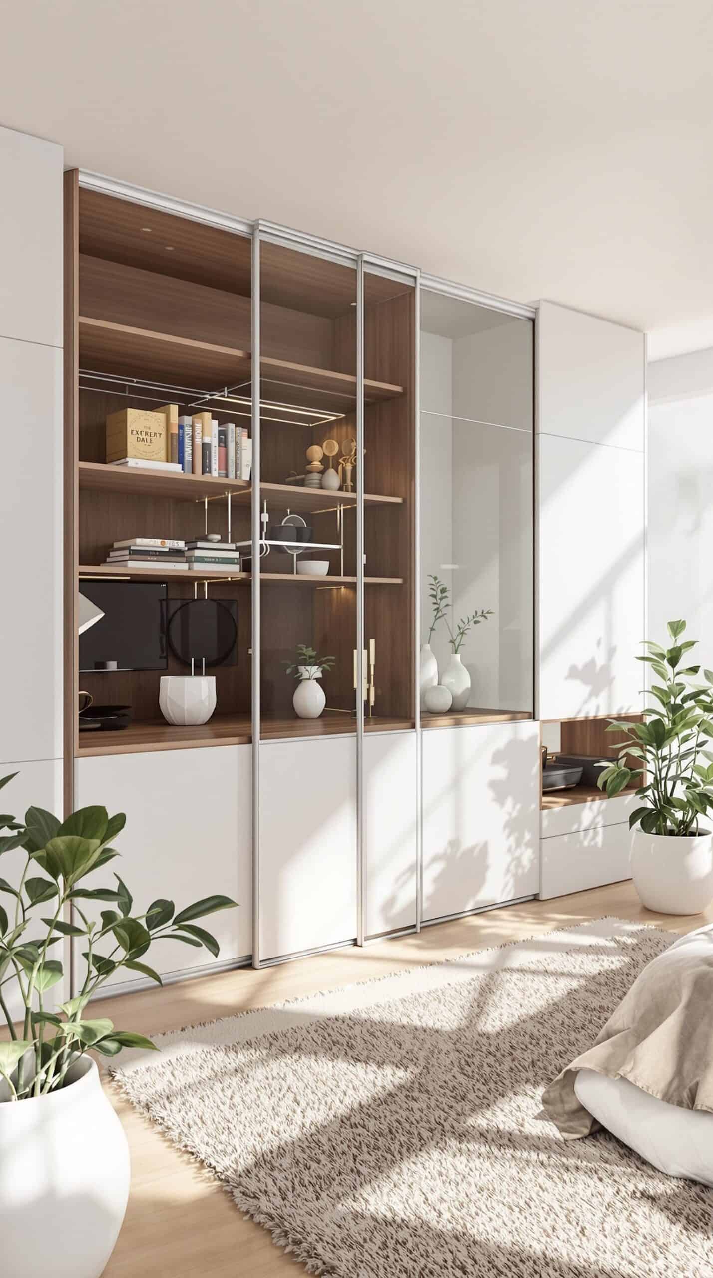 a bedroom with a bed and a book shelf