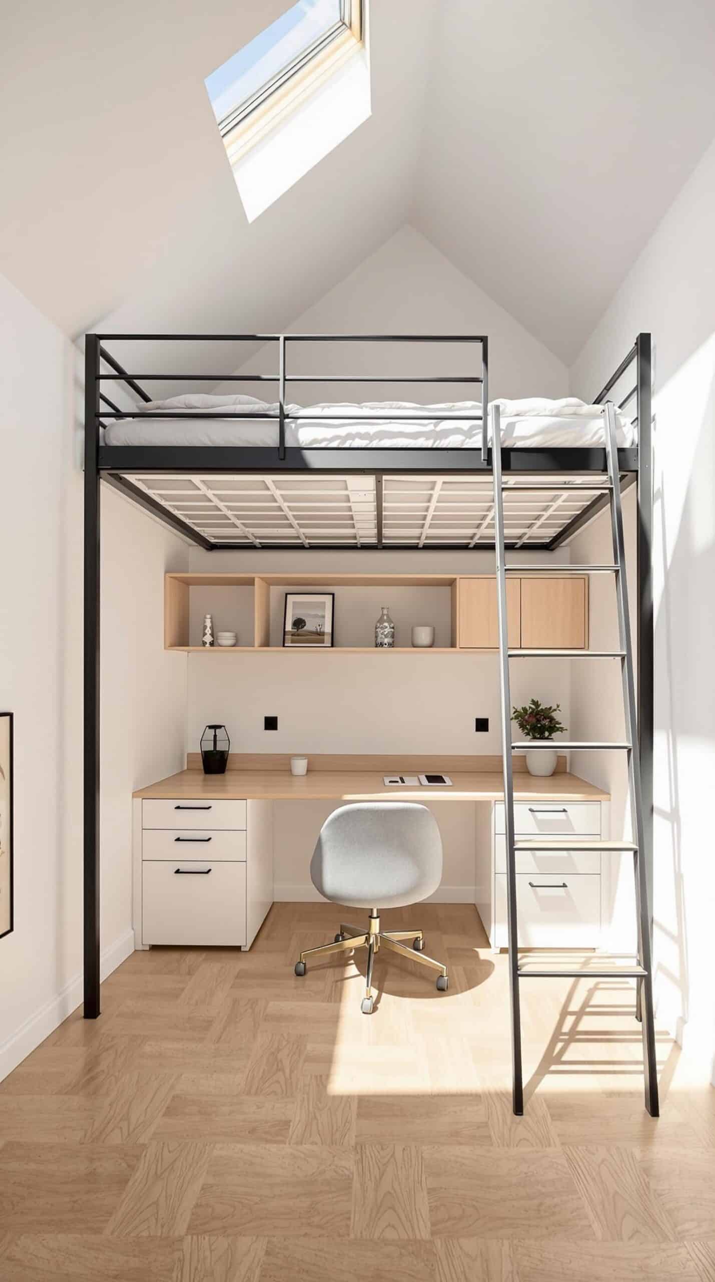 a loft bed with a desk underneath it