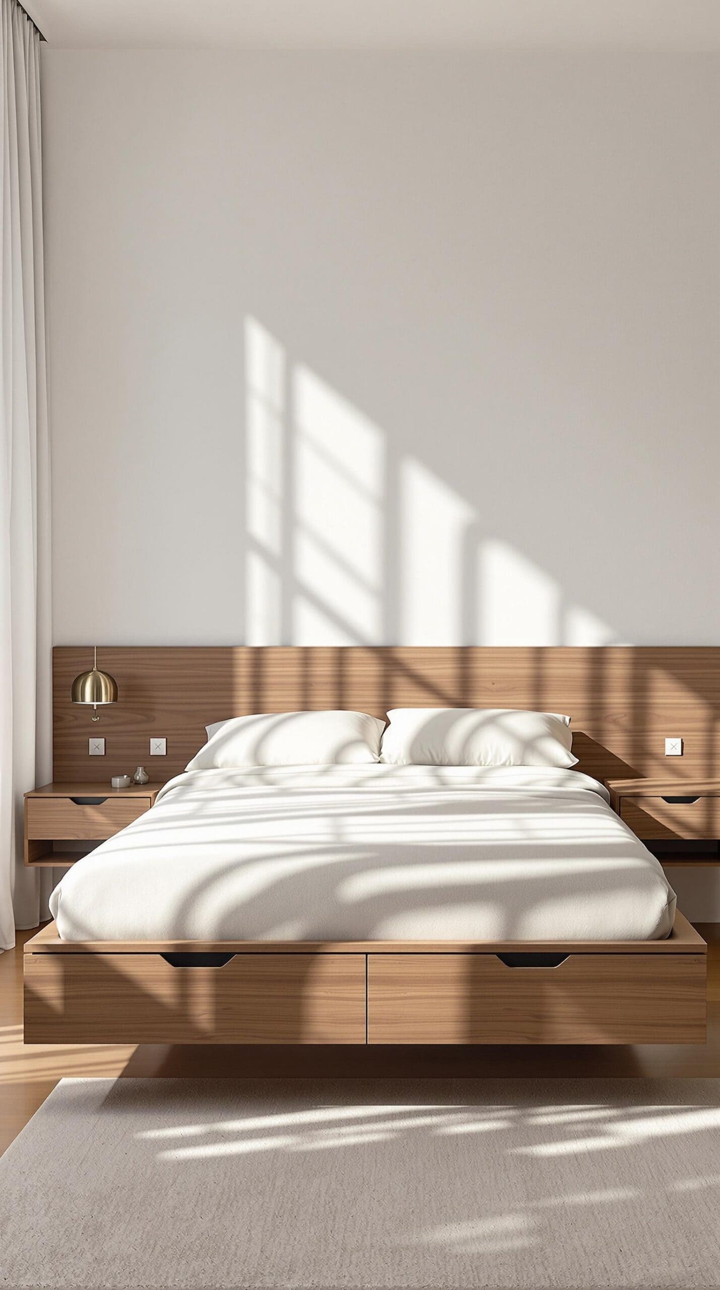 a bedroom with a bed, nightstands and a window