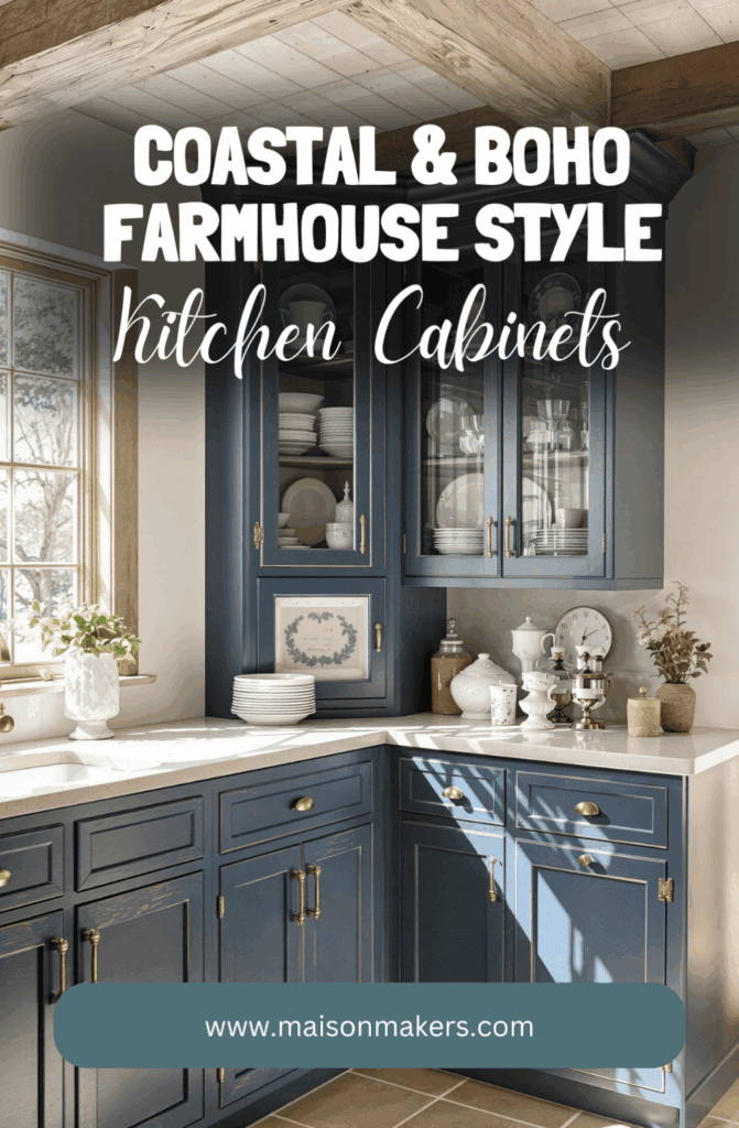 a kitchen with blue cabinets and white counter tops