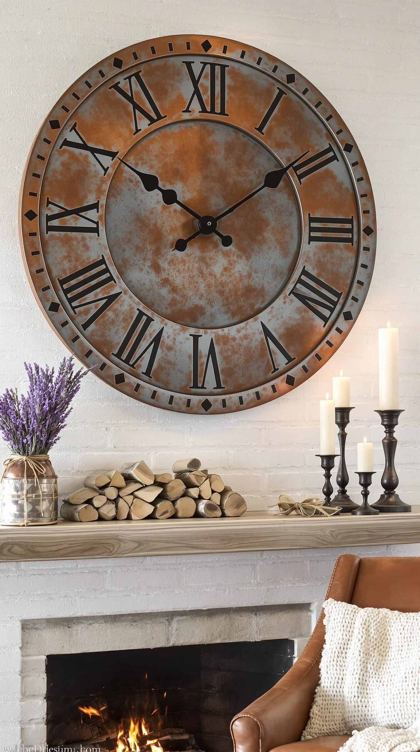 a fireplace with a large clock above it