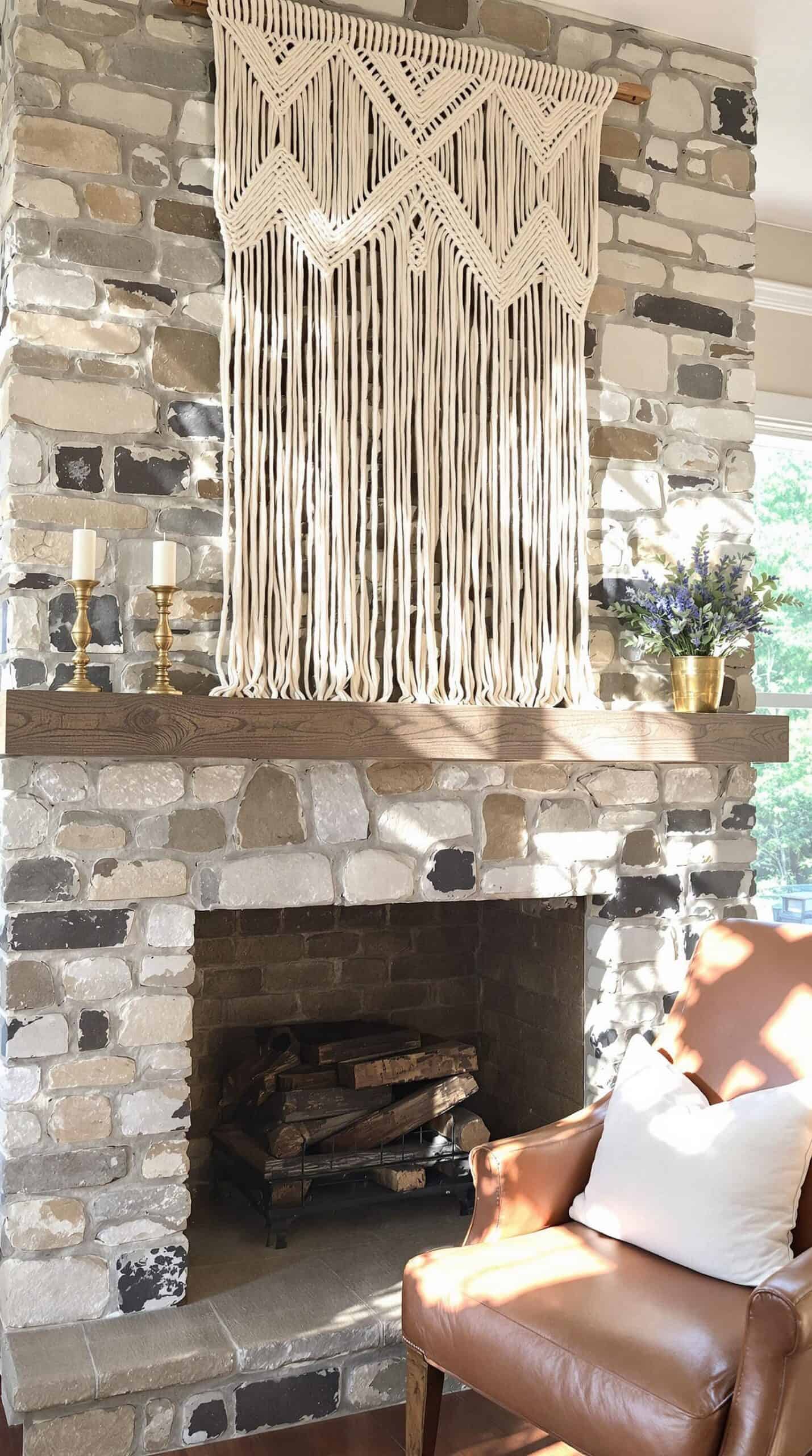 a chair sitting in front of a fire place