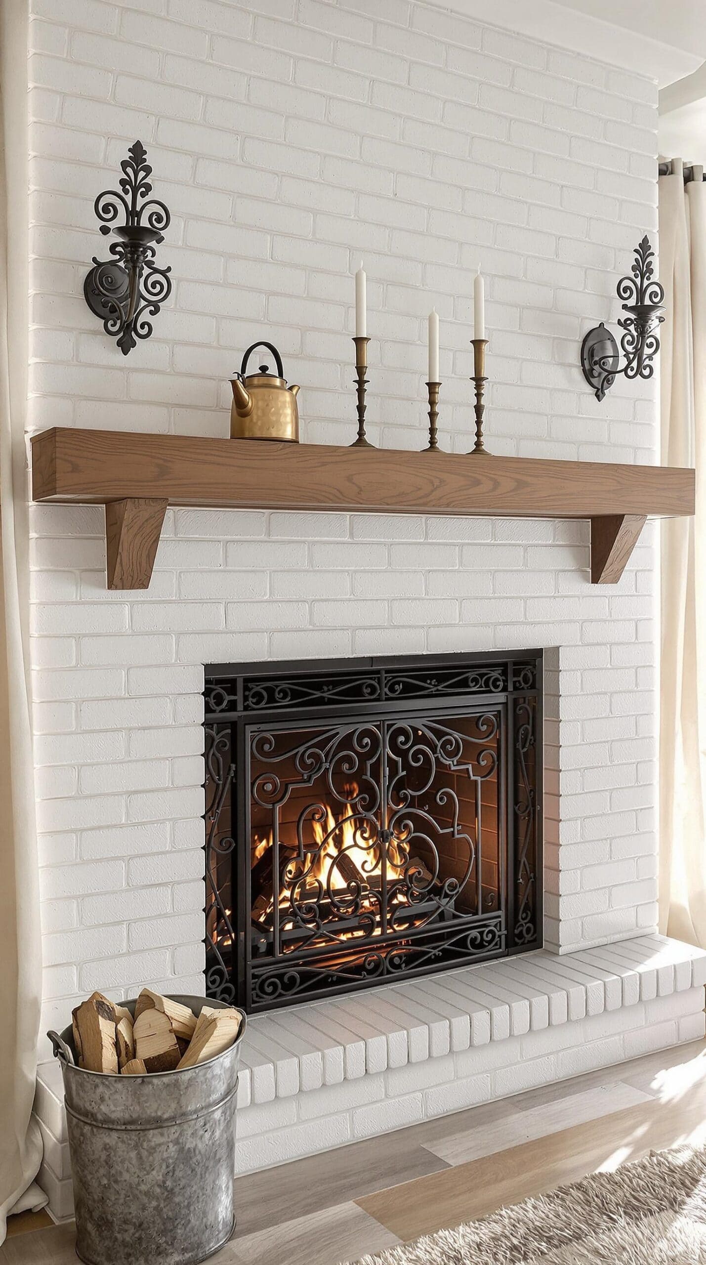 a fireplace with a fire in it next to a bucket of firewood