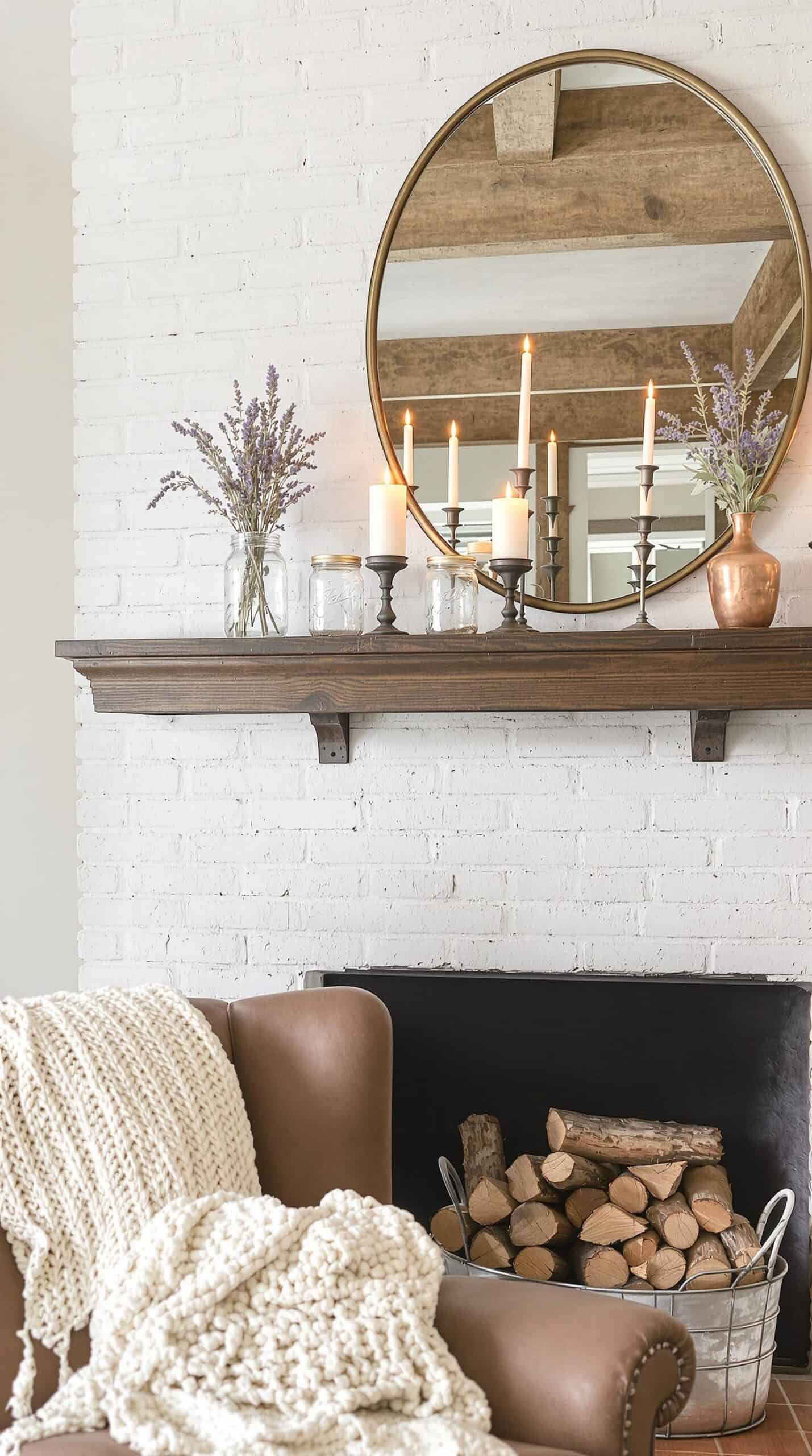 a living room with a fireplace and a mirror