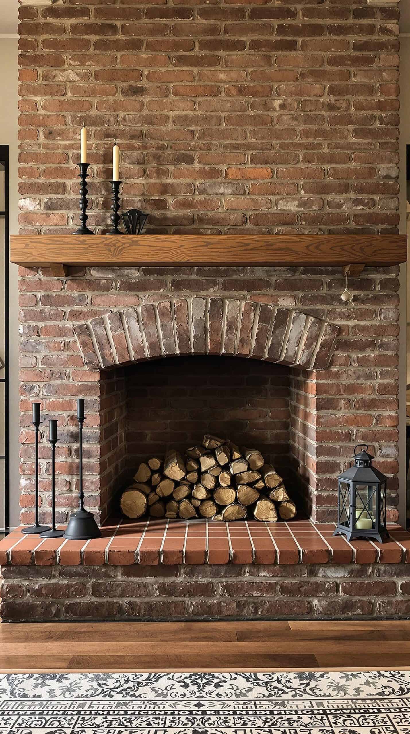 a brick fireplace with logs and a lantern