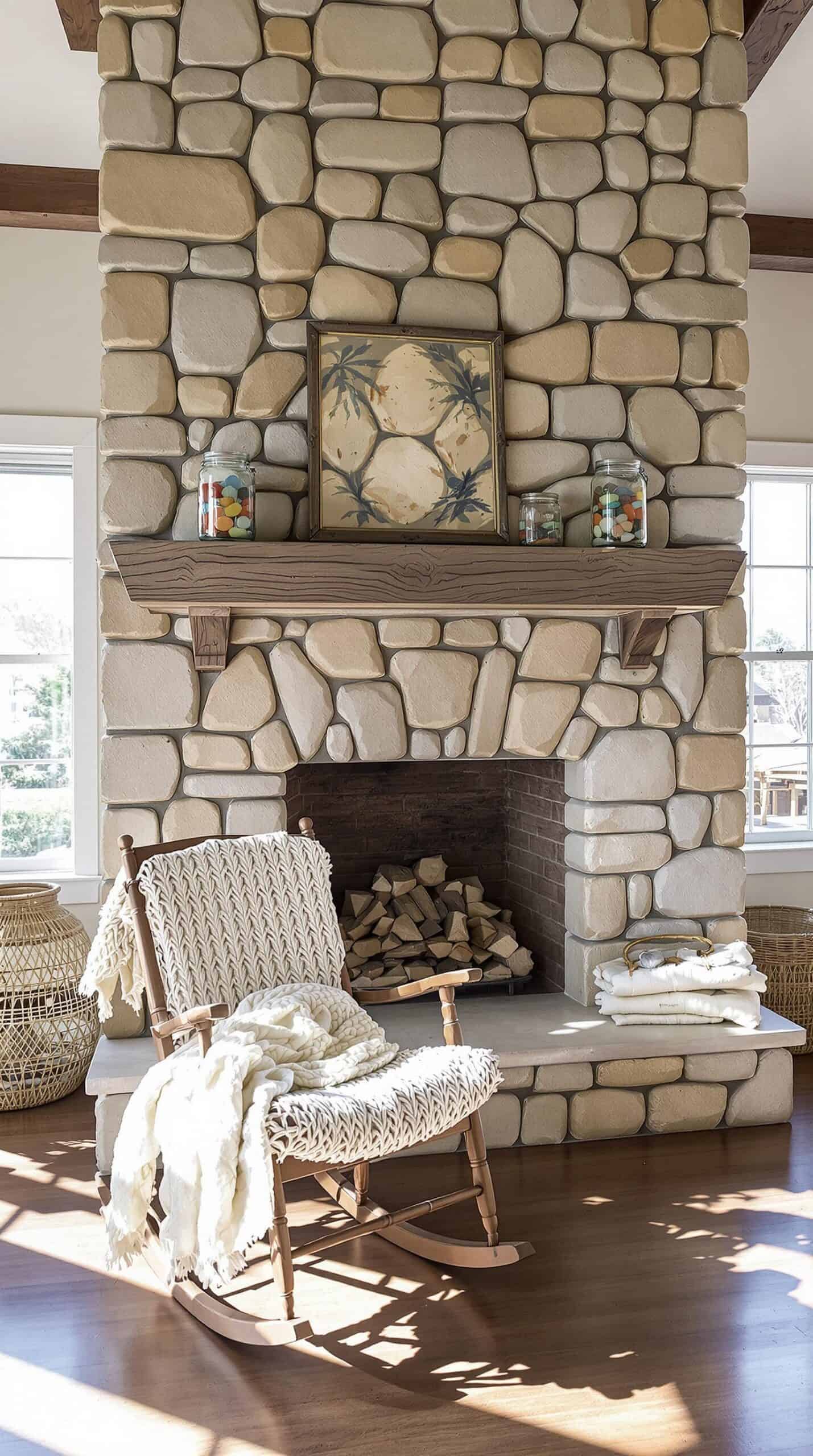 a rocking chair in front of a stone fireplace