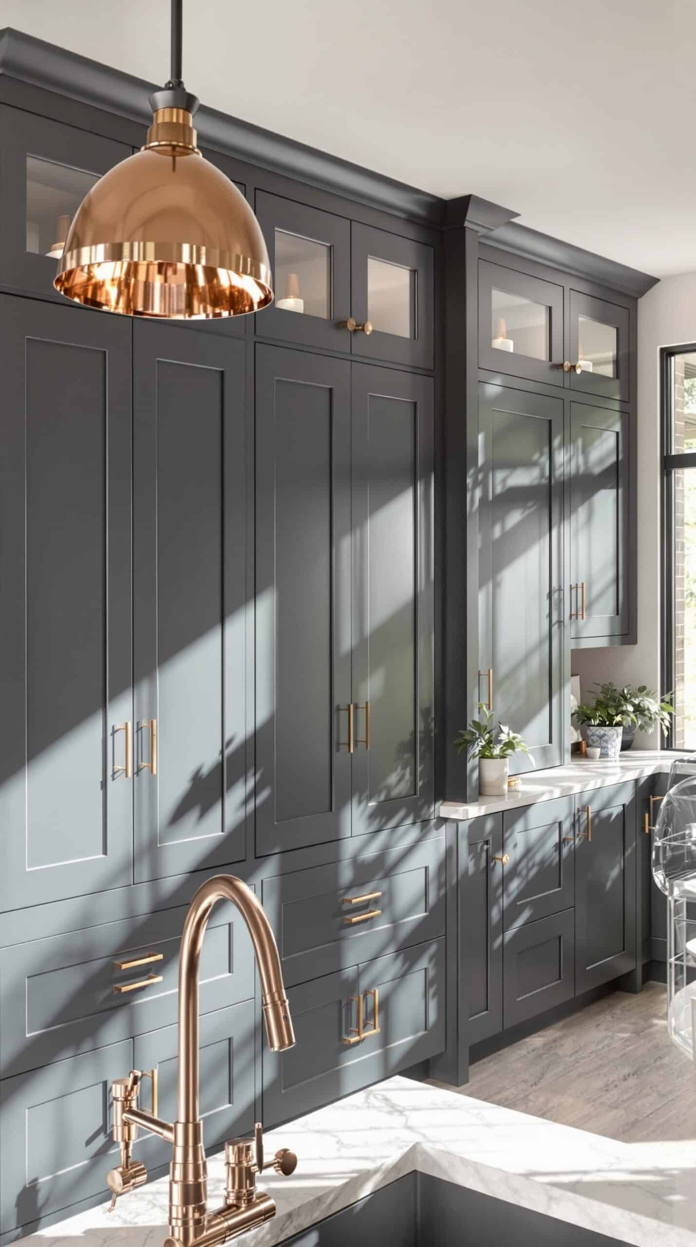 a kitchen with gray cabinets and a gold faucet