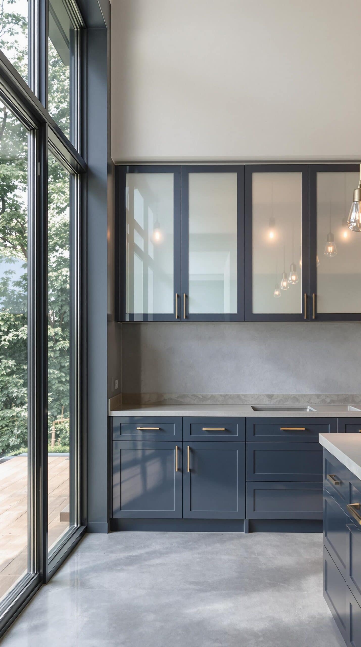 a kitchen with blue cabinets and marble counter tops