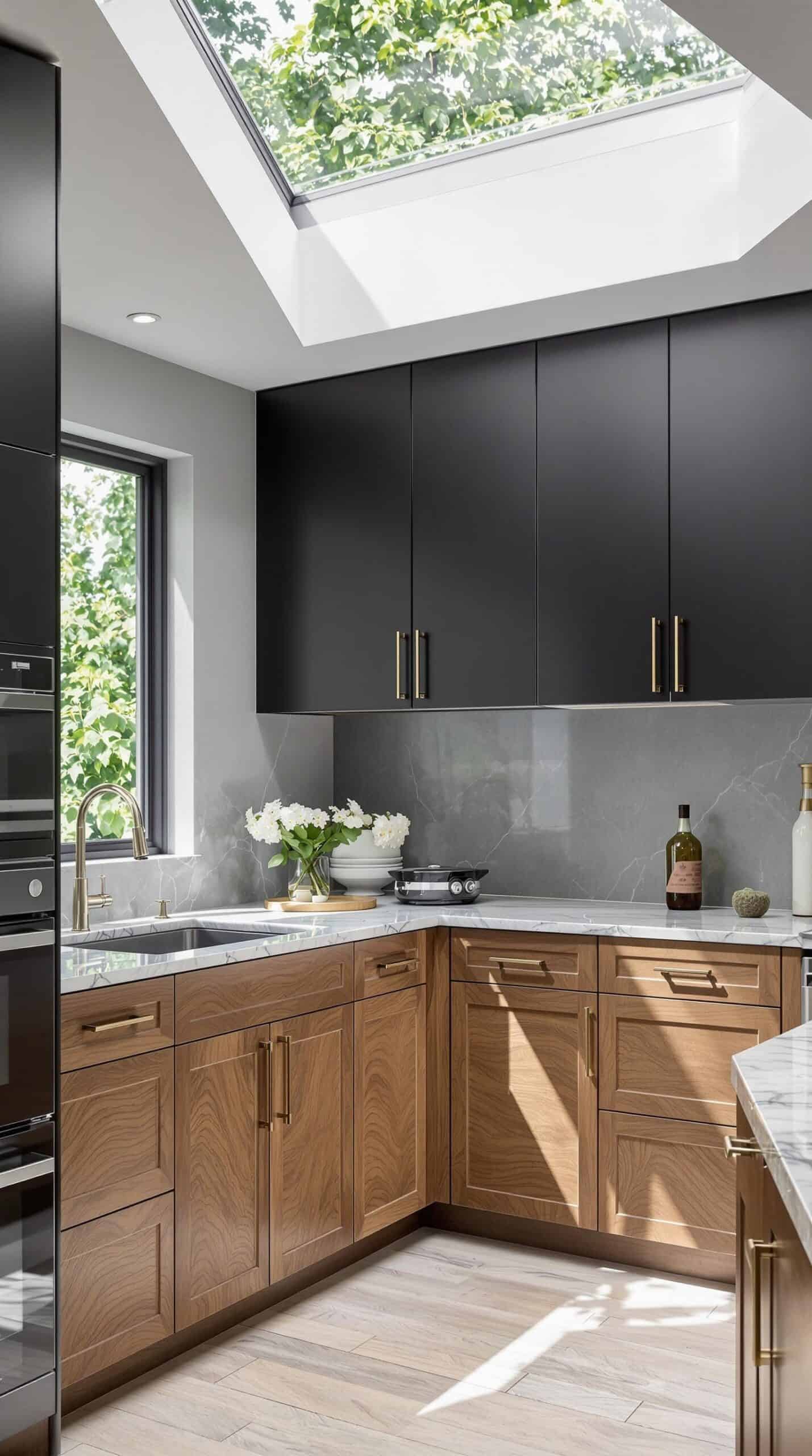 a kitchen with a skylight and wooden cabinets