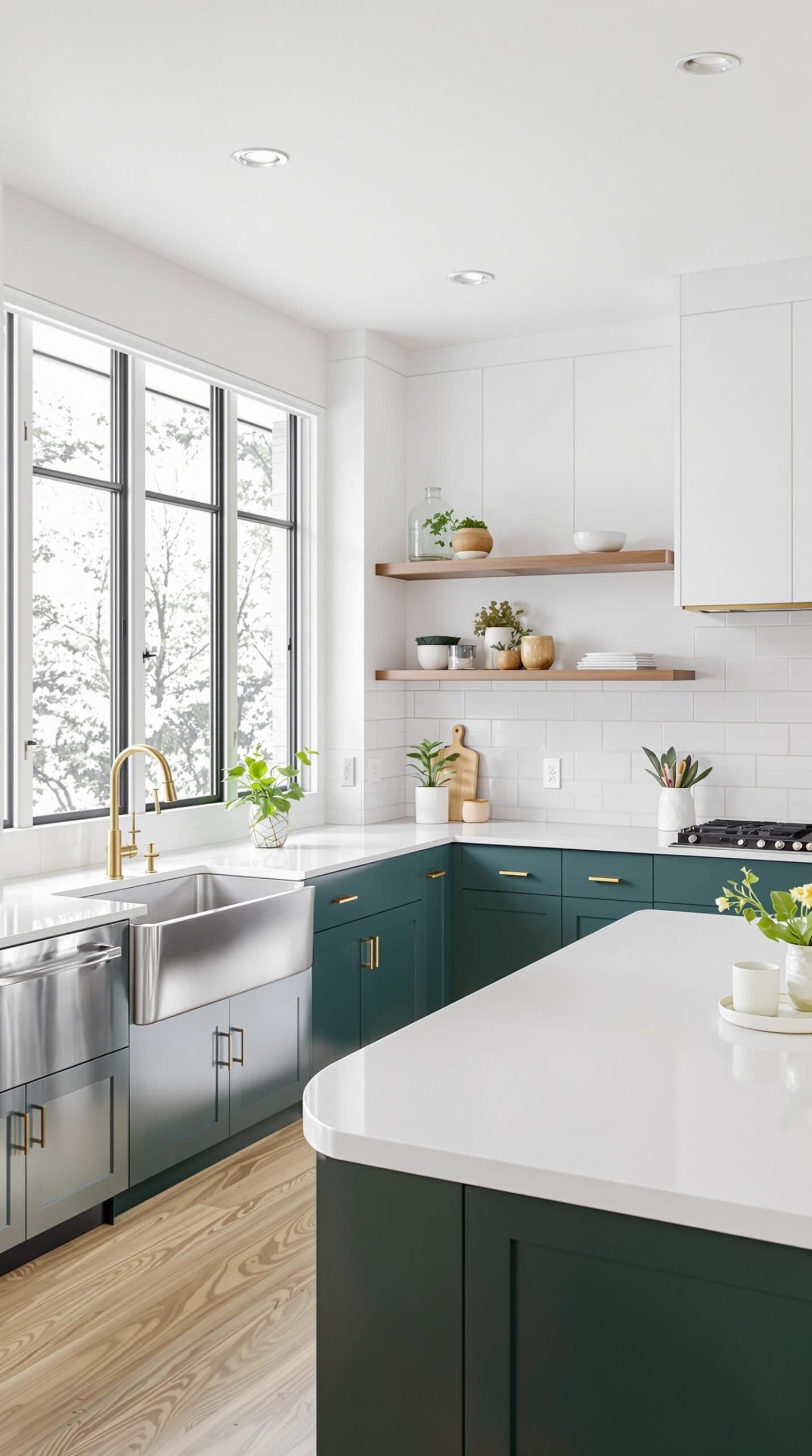 a kitchen with green cabinets and white counter tops