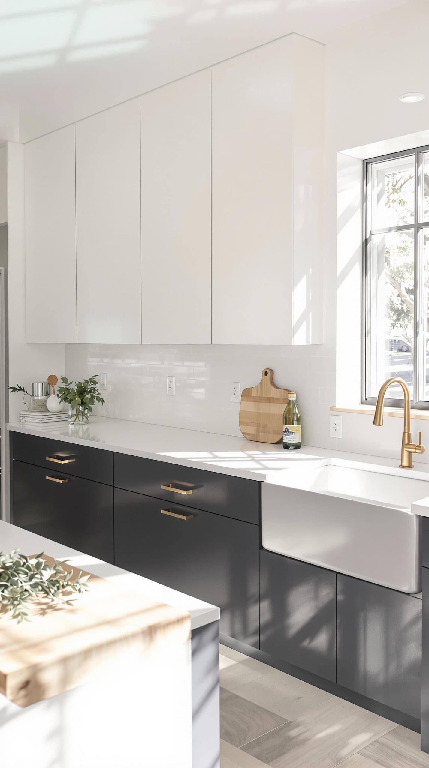 a kitchen with a sink and a cutting board