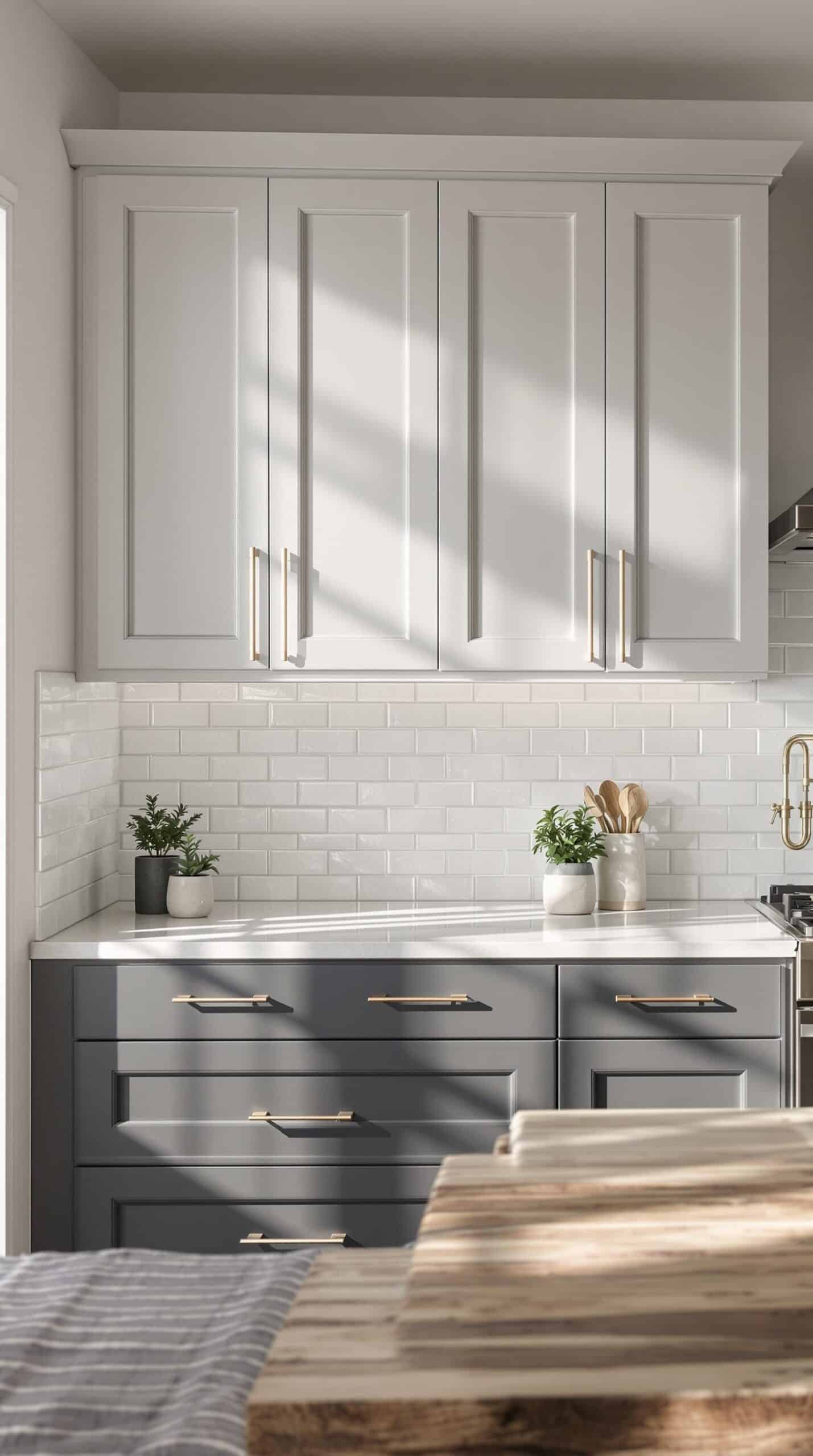 a kitchen with white cabinets and a wooden table