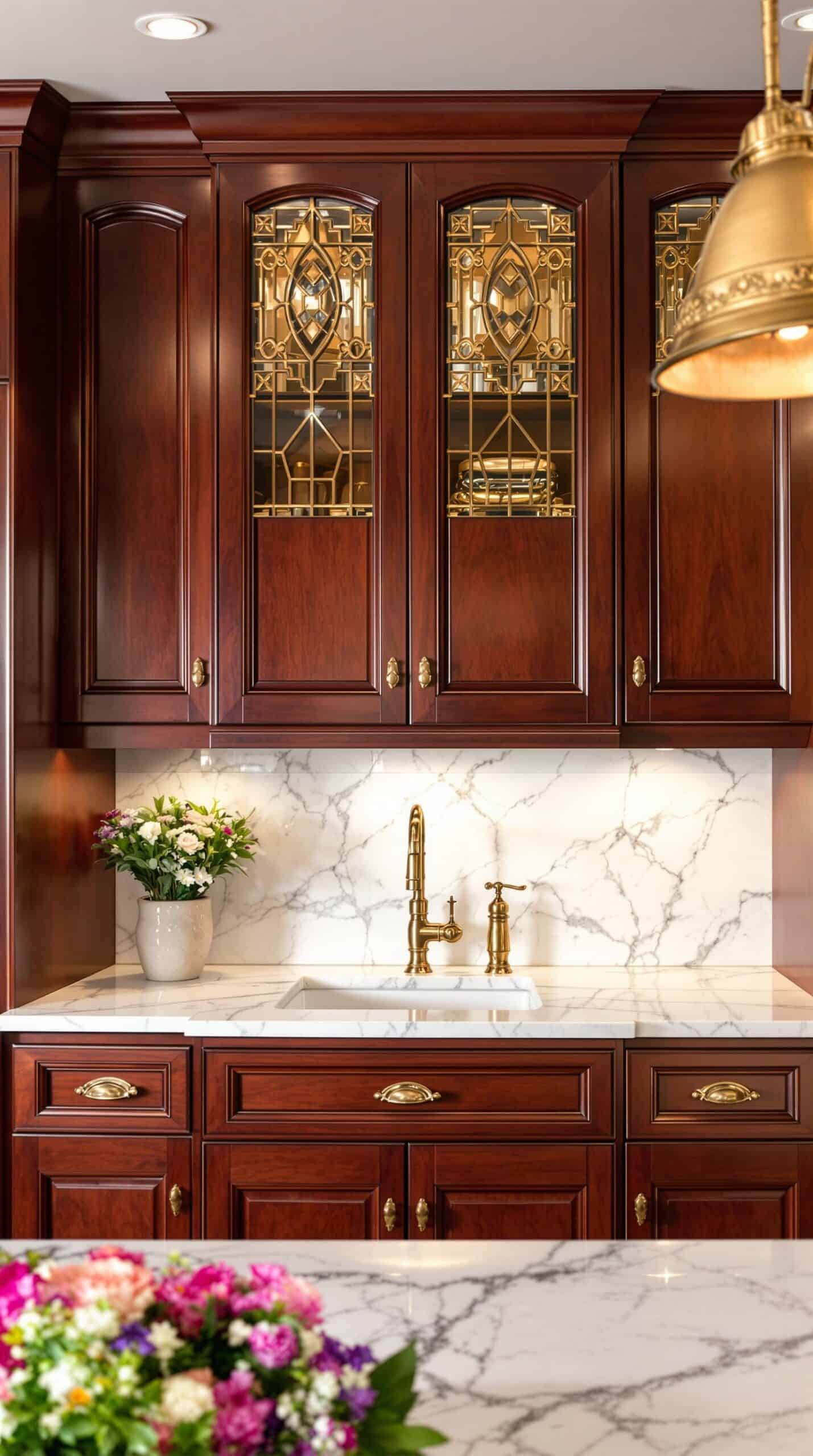 a kitchen with marble counter tops and wooden cabinets