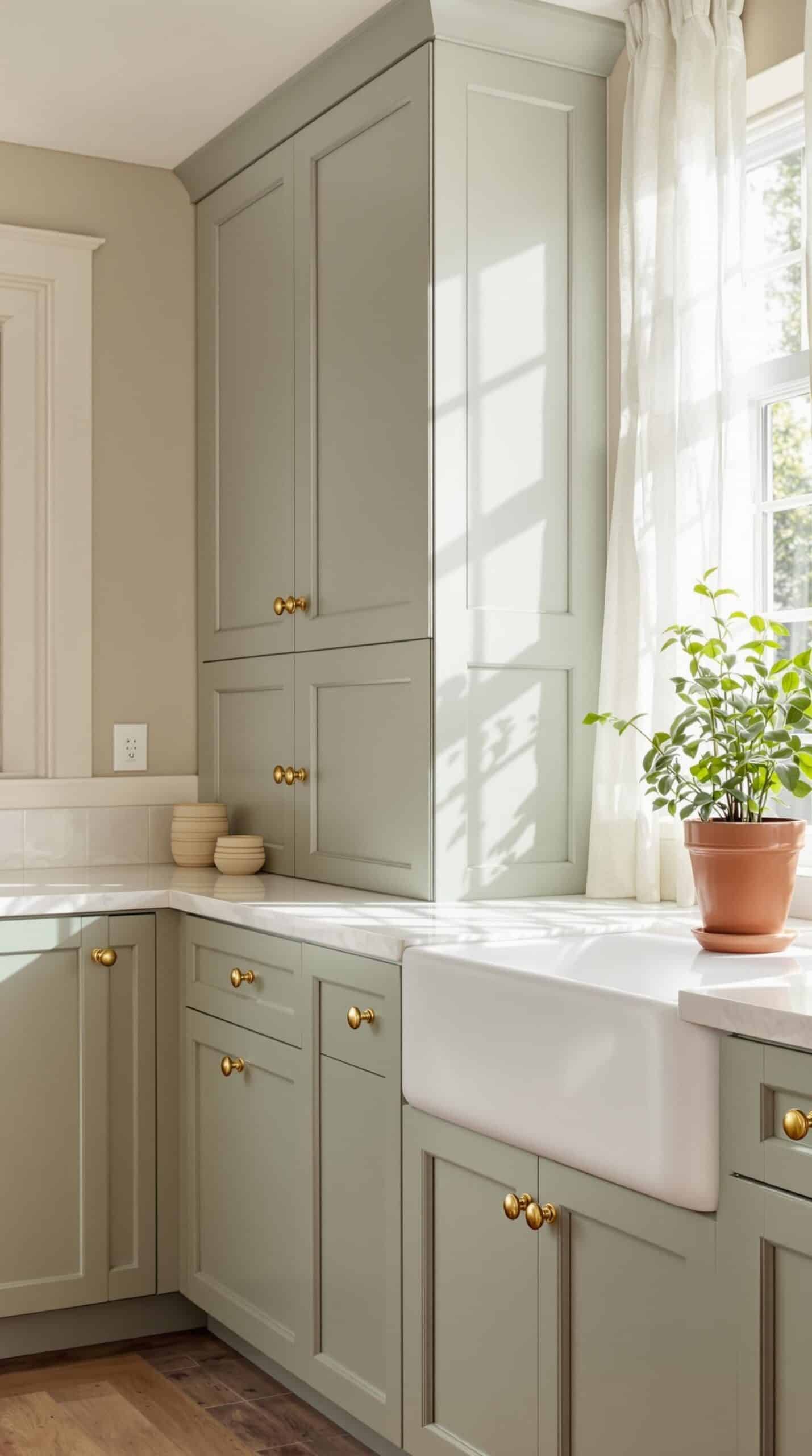 a kitchen with green cabinets and a white sink