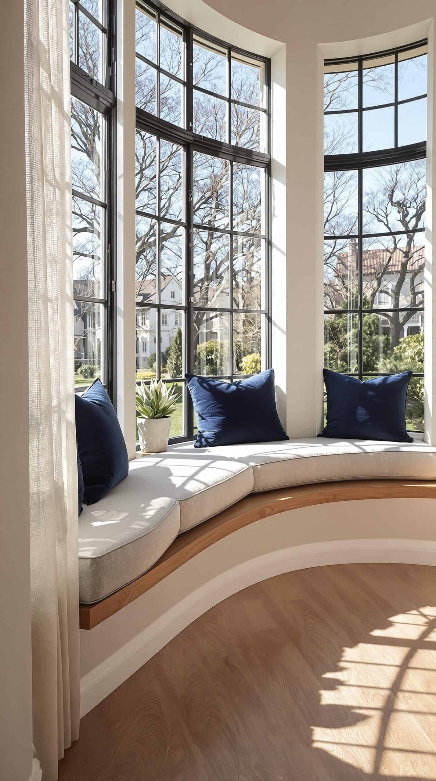 a curved window seat in a large room