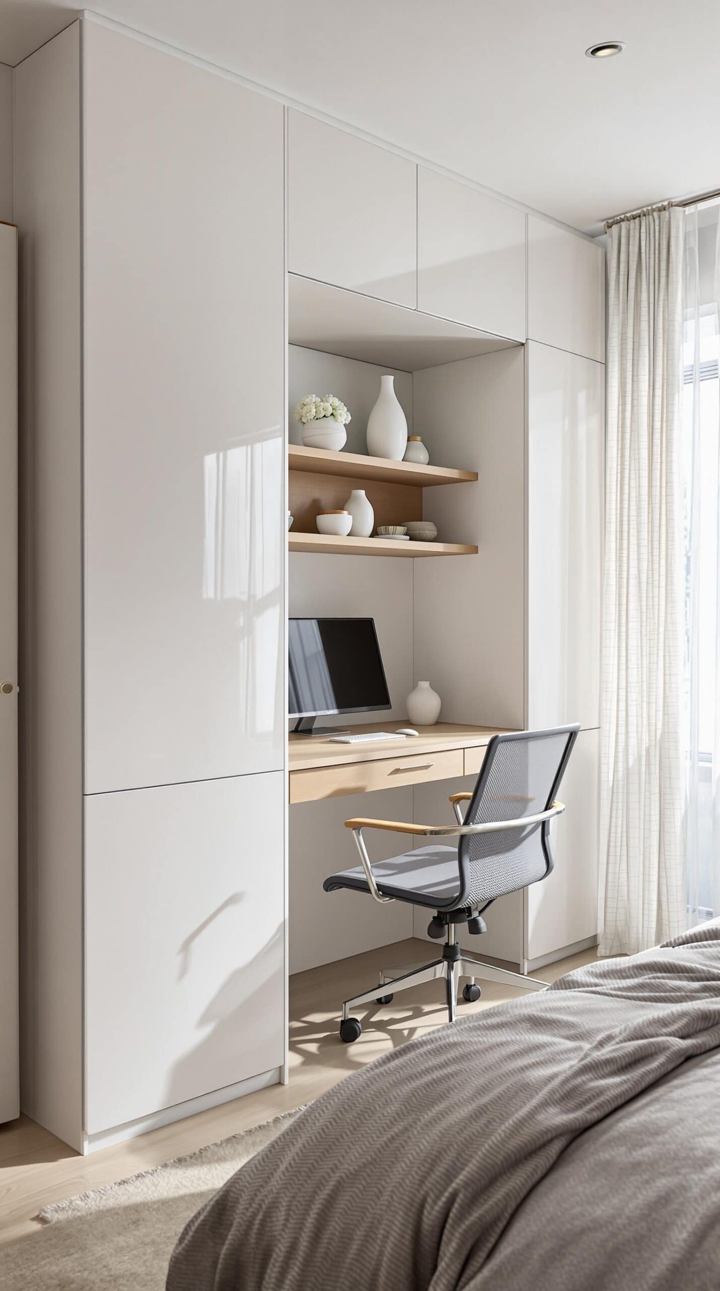 a bedroom with a bed, desk, and shelves
