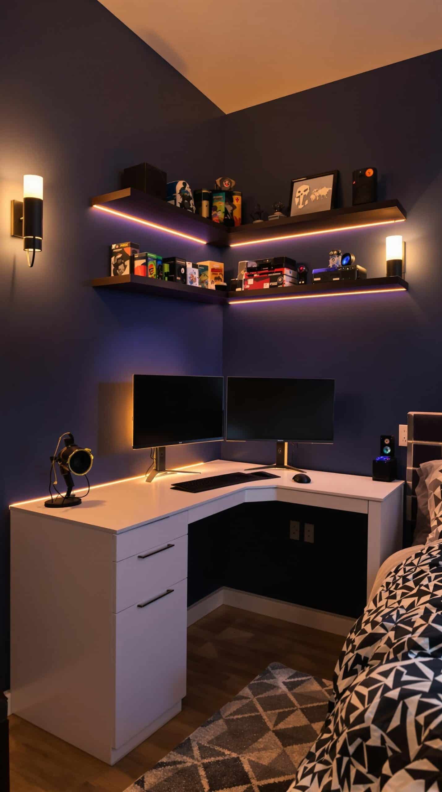 a bedroom with a bed, desk and shelves
