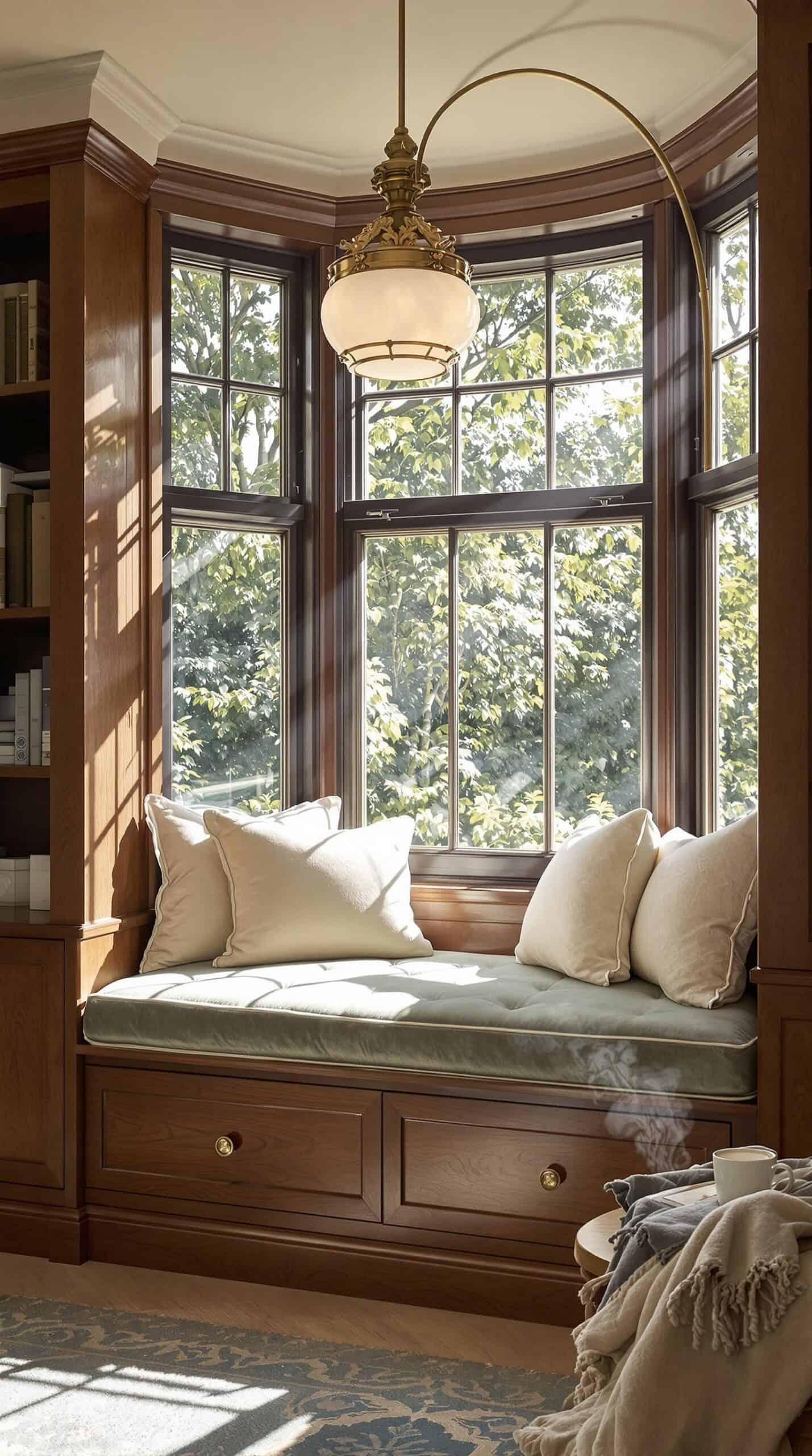 a window seat in a room with a large window
