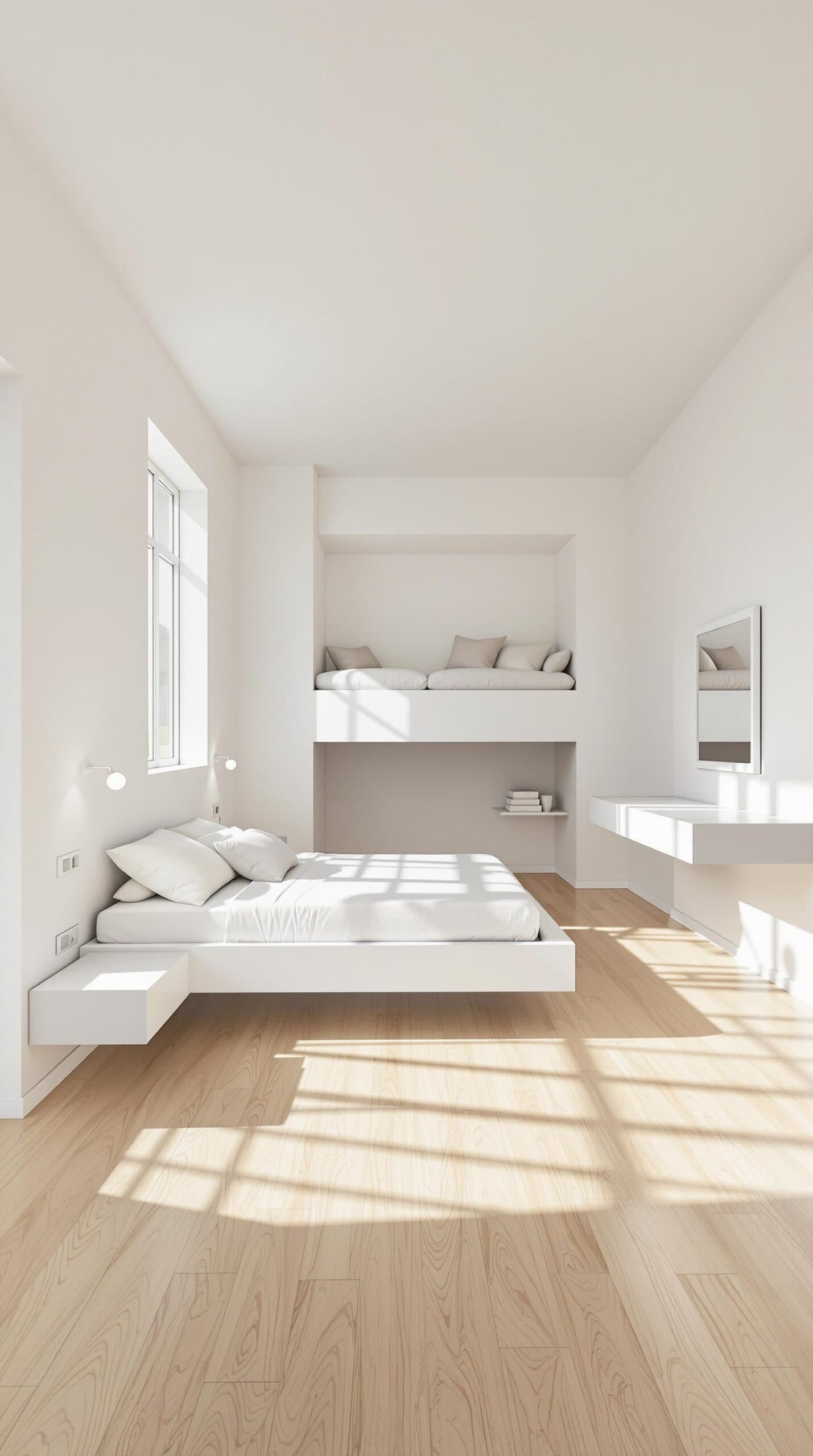a white bedroom with a bed and a window