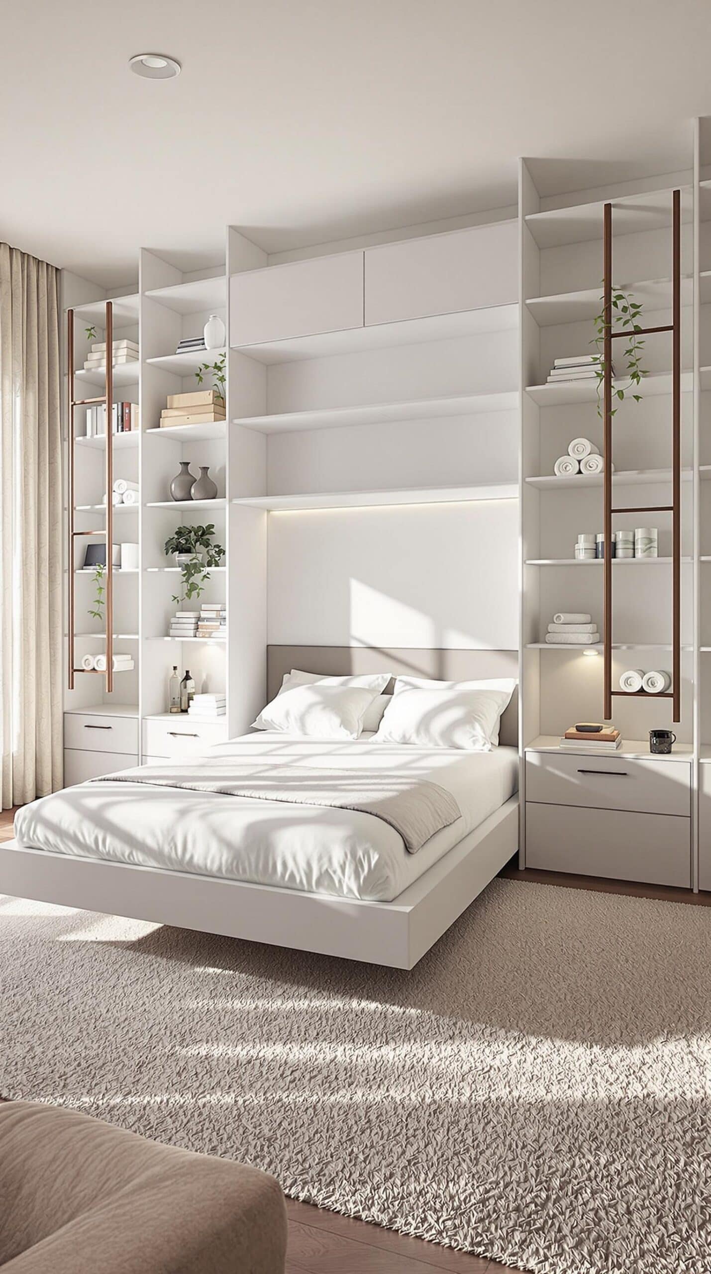 a bedroom with a large bed and a white bookcase