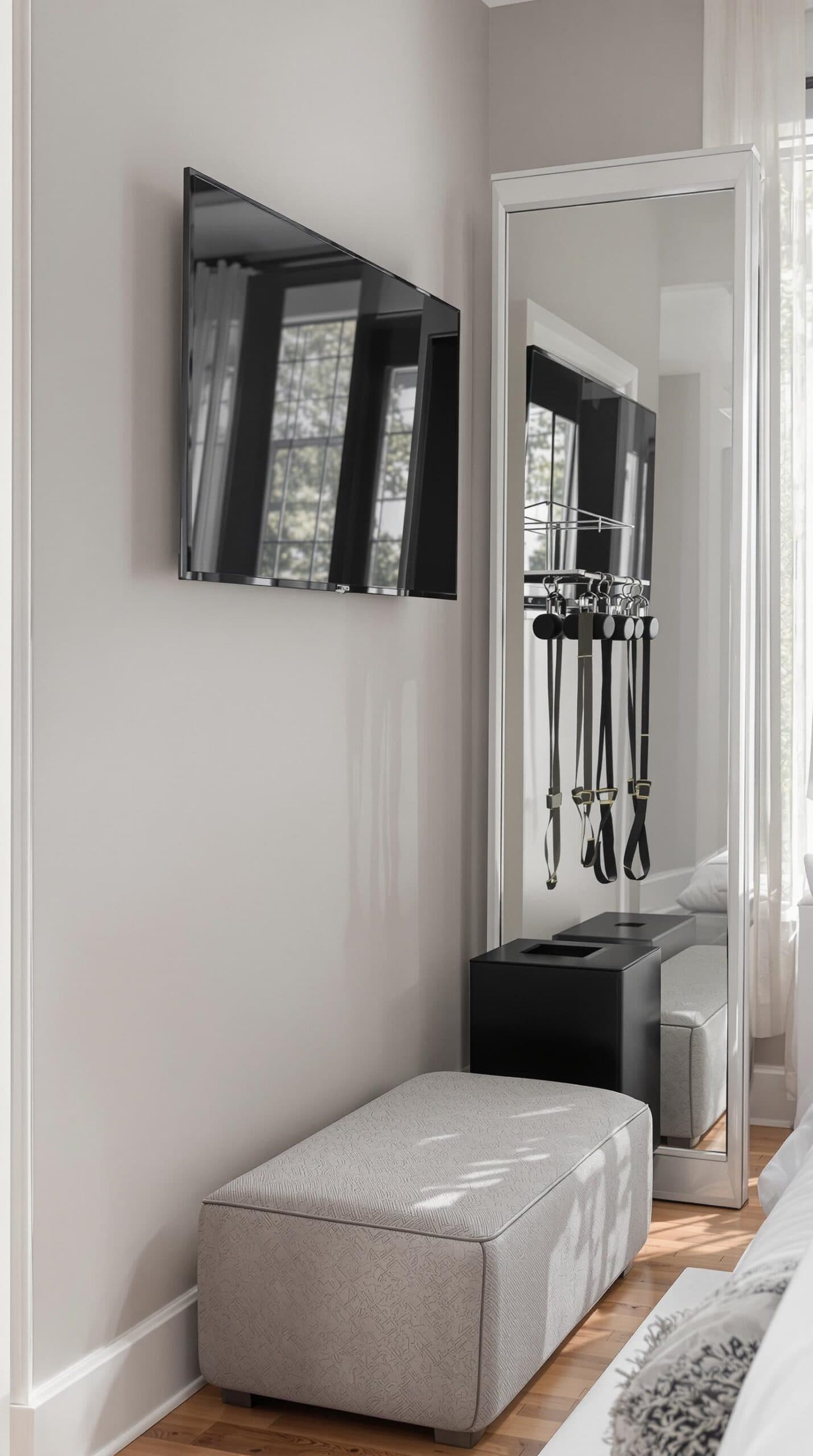 a mirror and a bench in a room