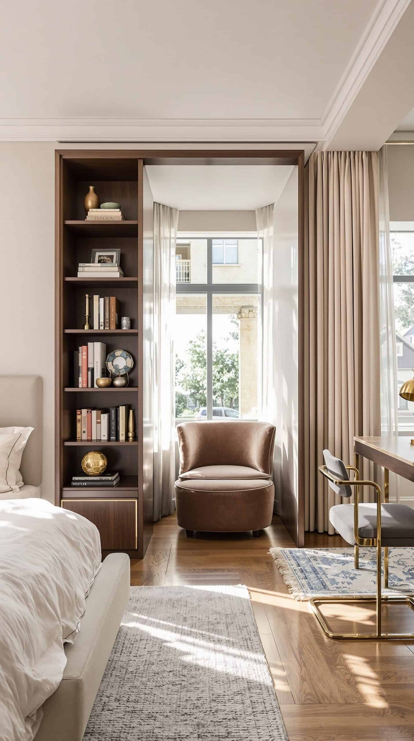 a bedroom with a bed, chair, desk and bookcase