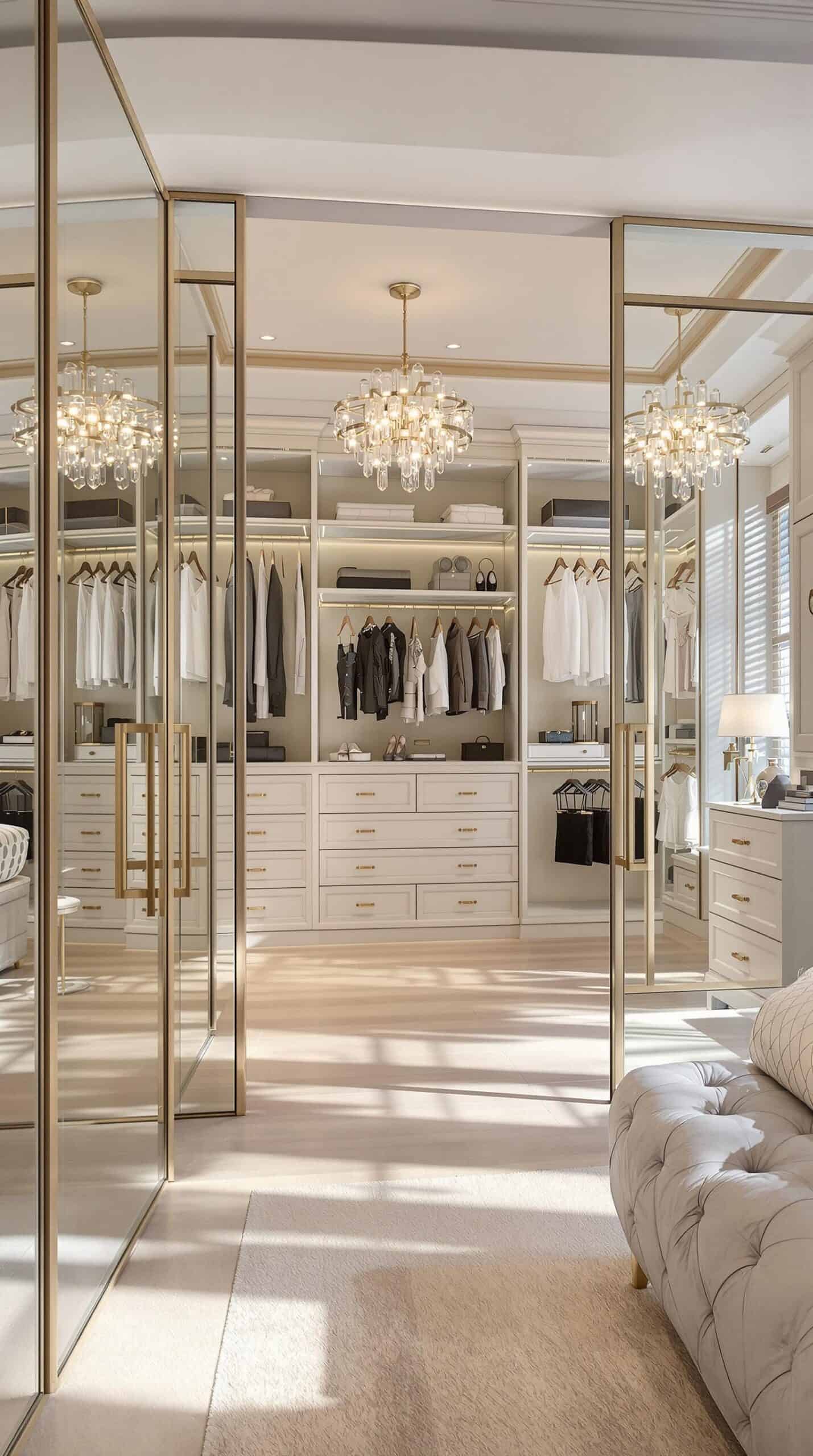 a walk in closet with a chandelier and a bed