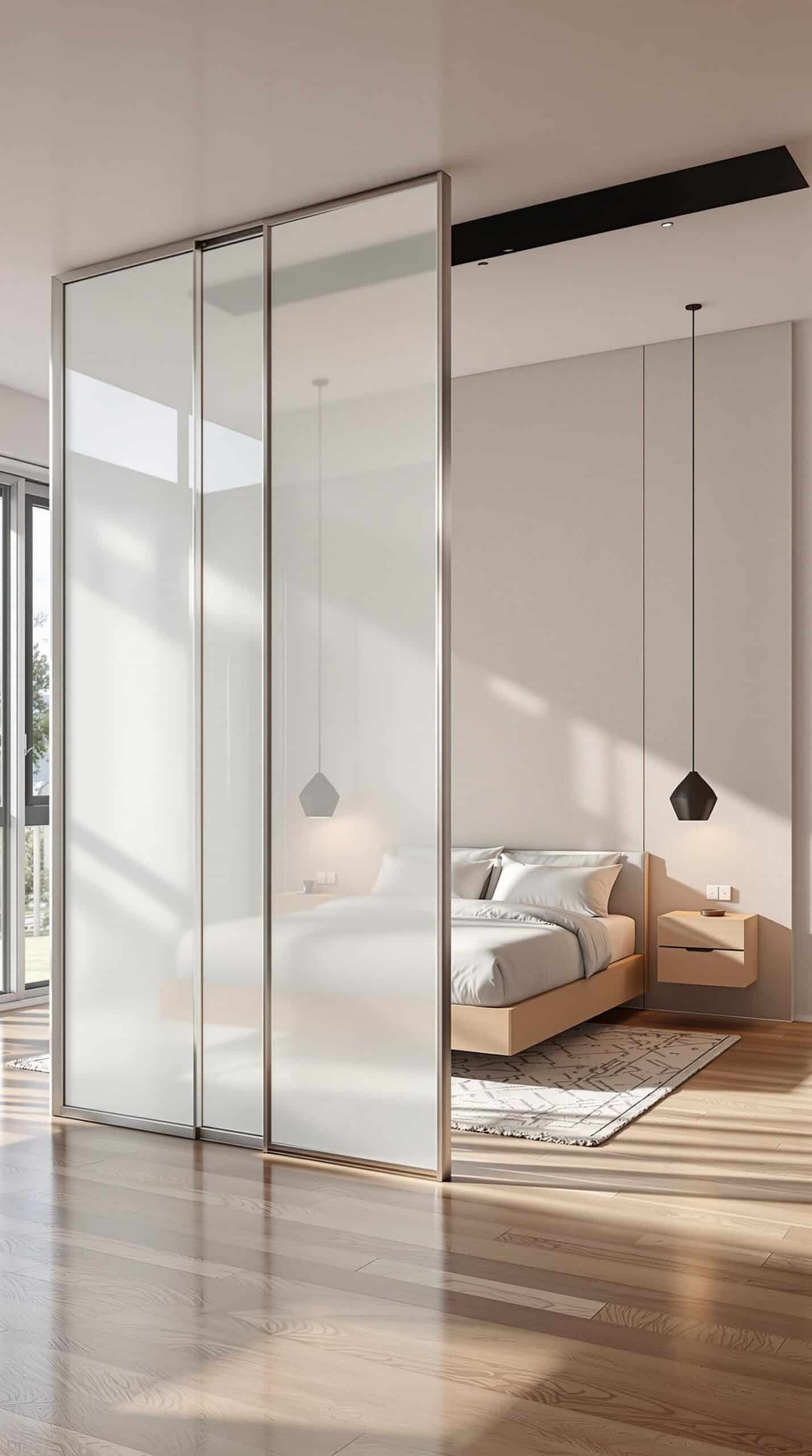 a bedroom with a bed and a sliding glass door