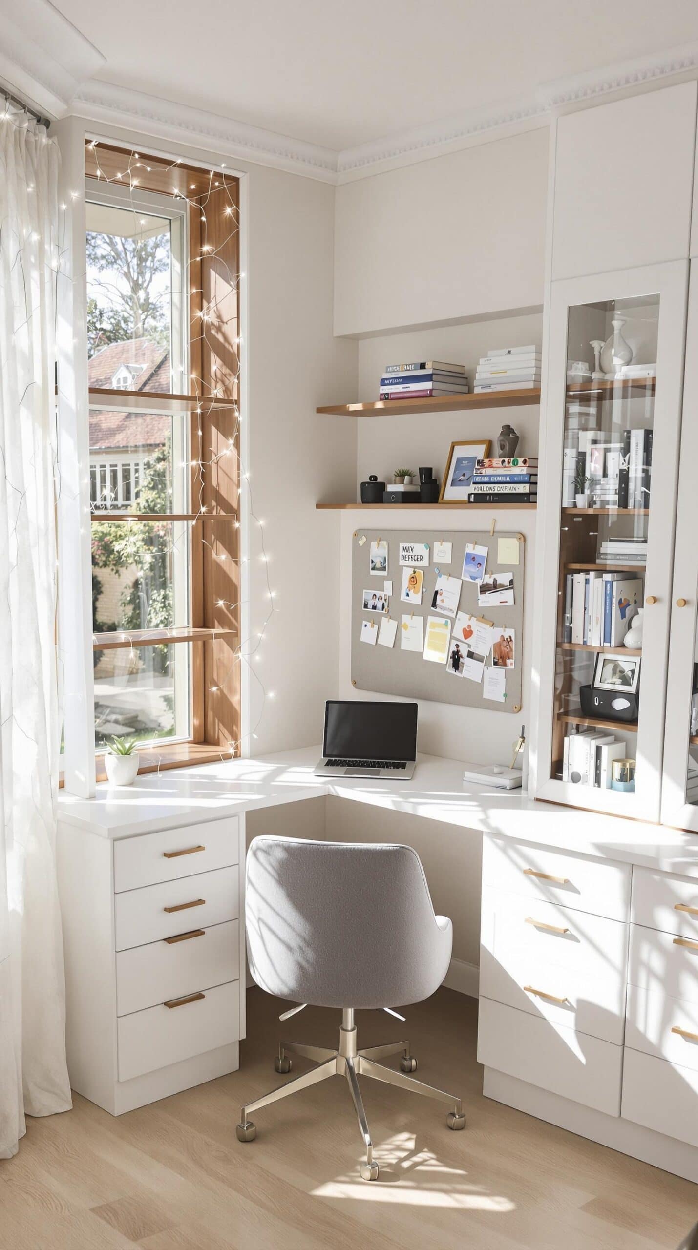 a white desk with a laptop on top of it