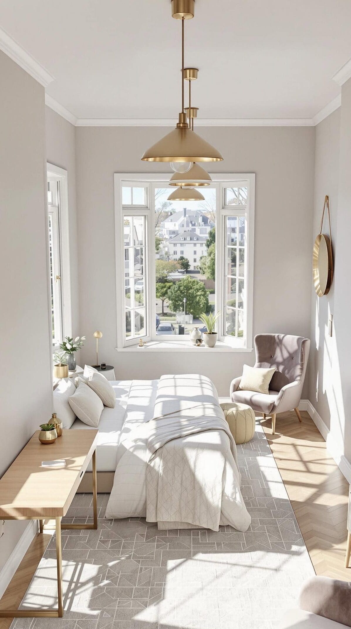 a bedroom with a bed, a chair, a desk and a window