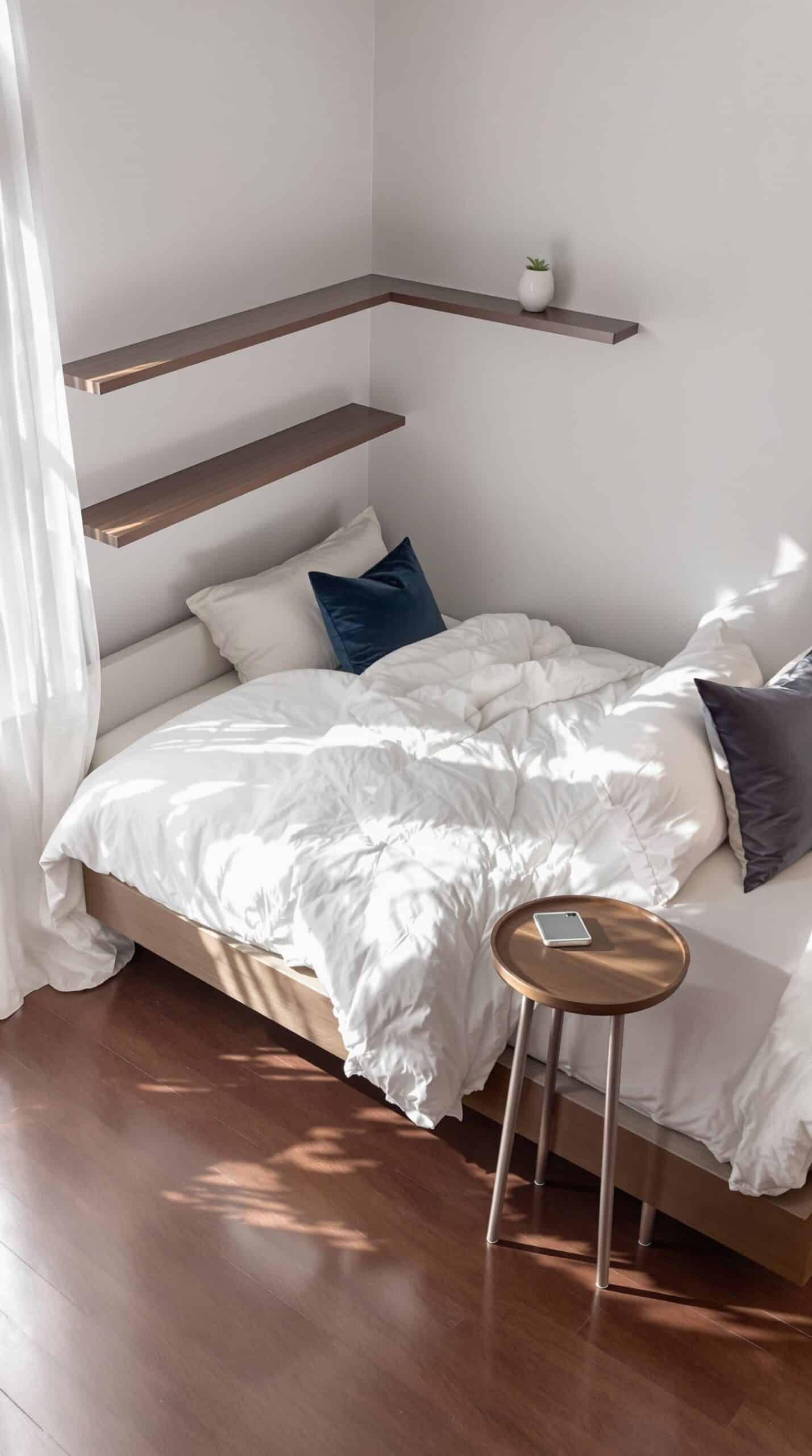a bed with a white comforter and pillows