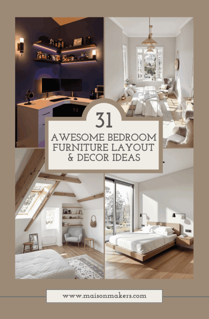 a collage of photos of a bedroom with furniture and decor