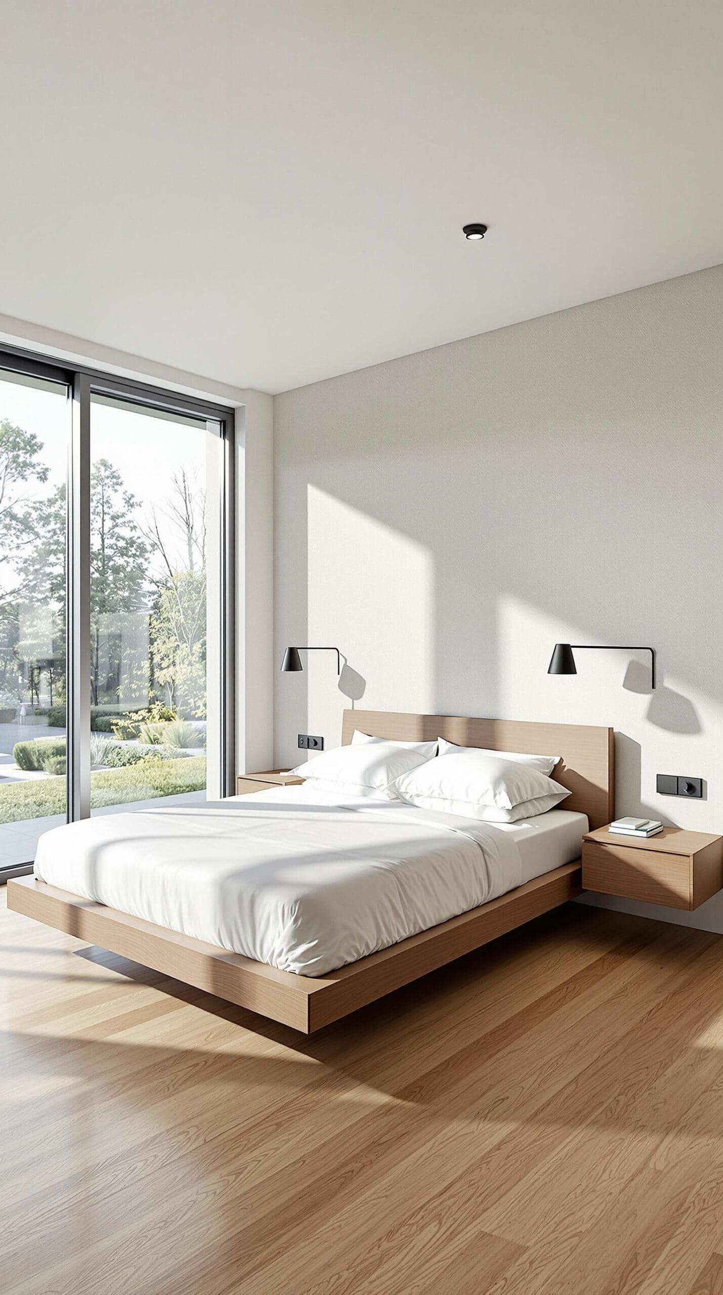 a bedroom with a bed and a large window