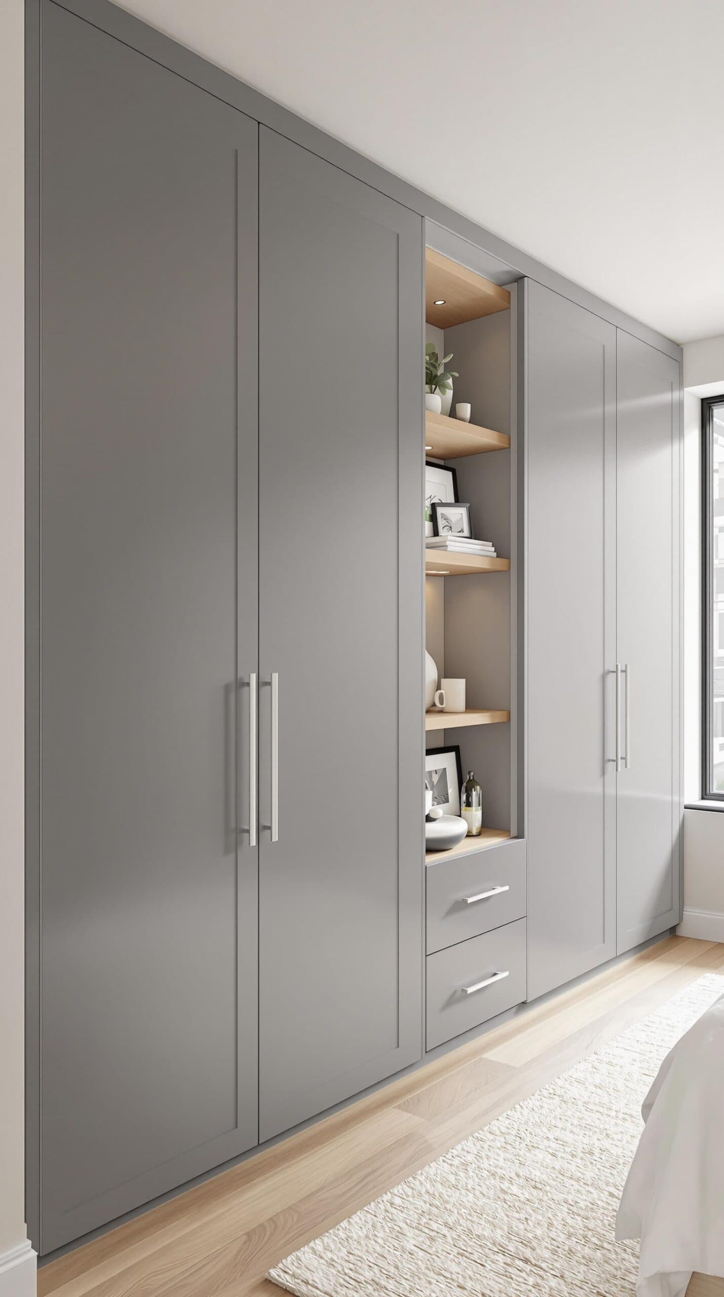 a bedroom with a bed and a large closet