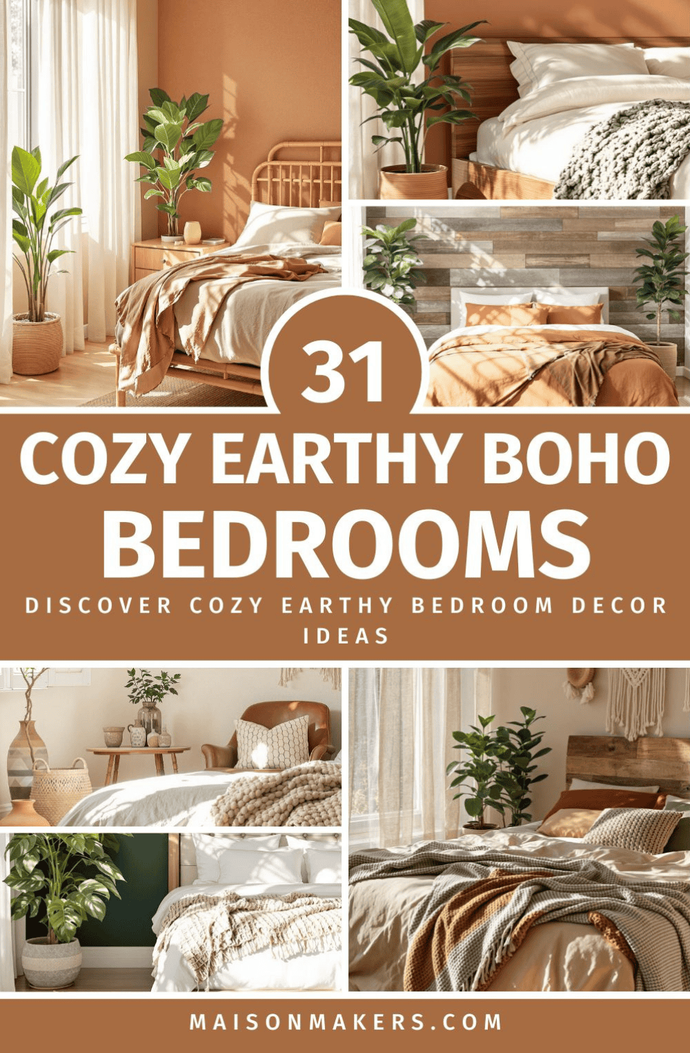 a collage of photos with the words cozy earthy boho bedroom