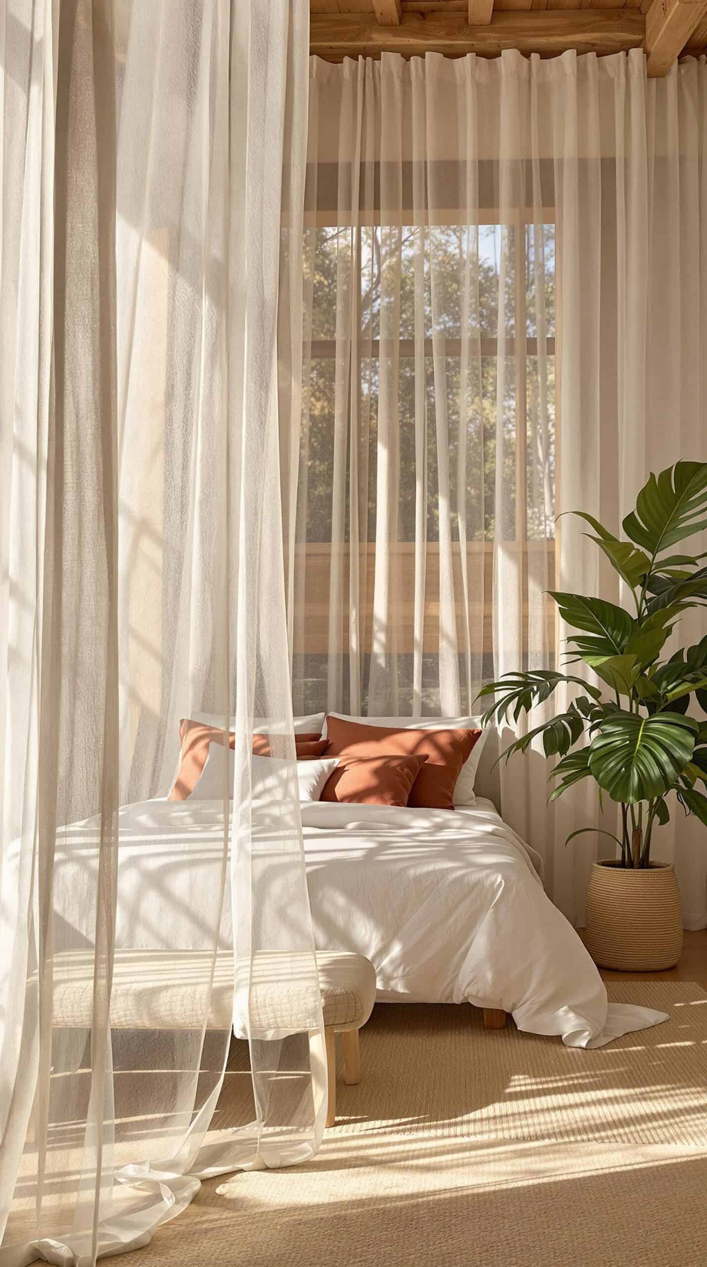 a bedroom with sheer curtains and a bed