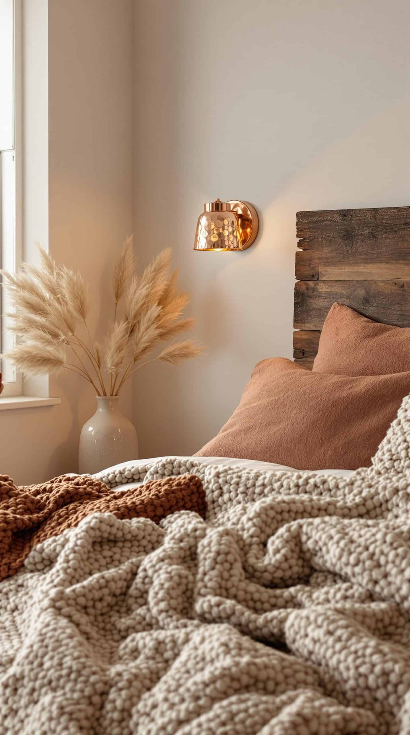 a bed with a brown blanket and a white vase