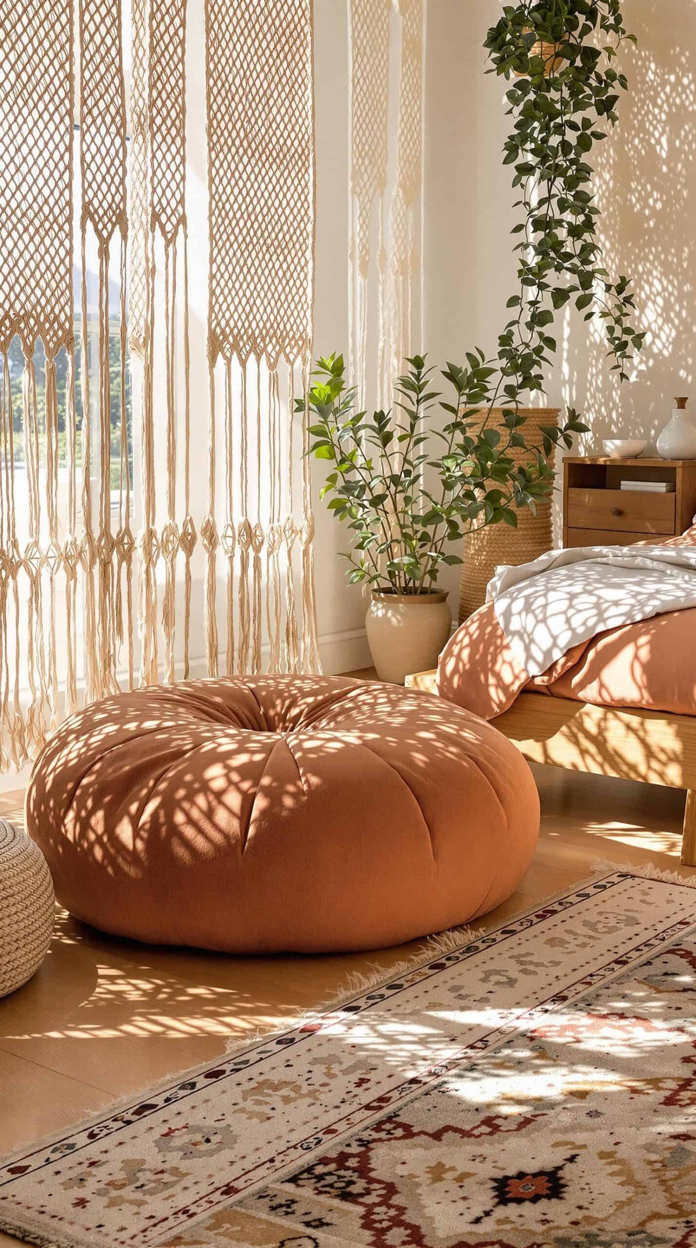 a bedroom with a bed and a plant in the corner