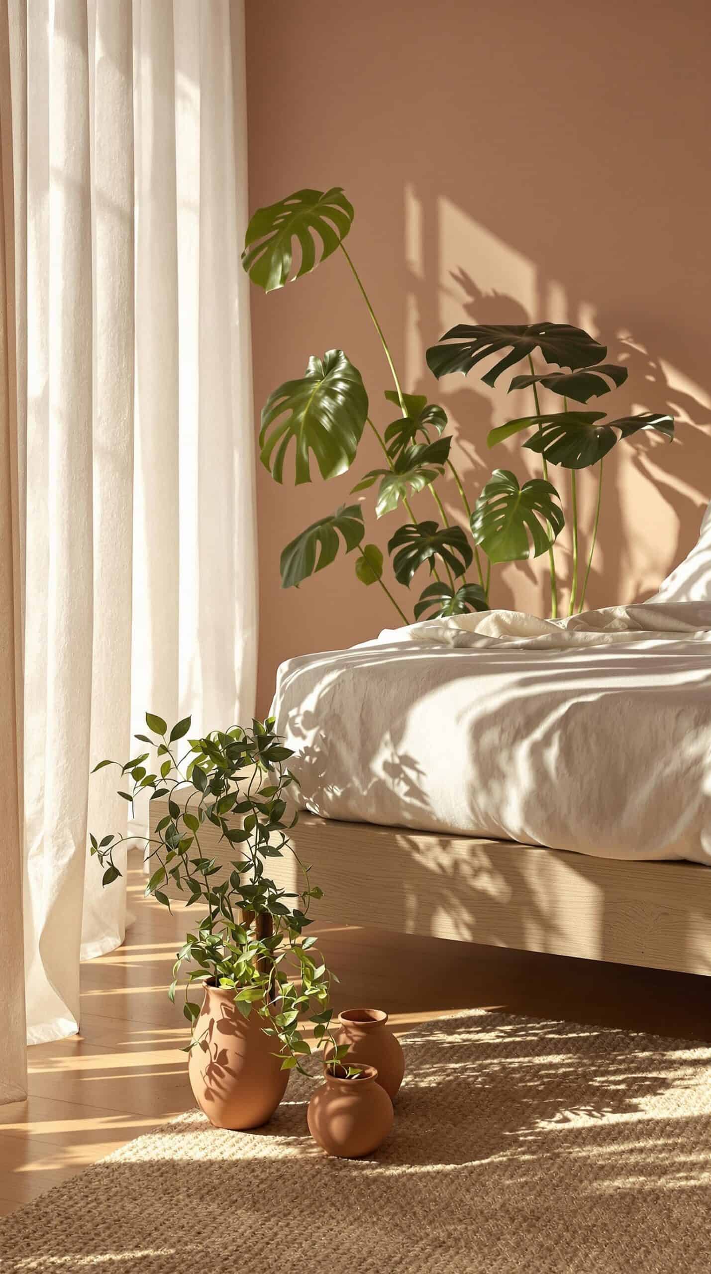 a bedroom with a bed and a plant in the corner
