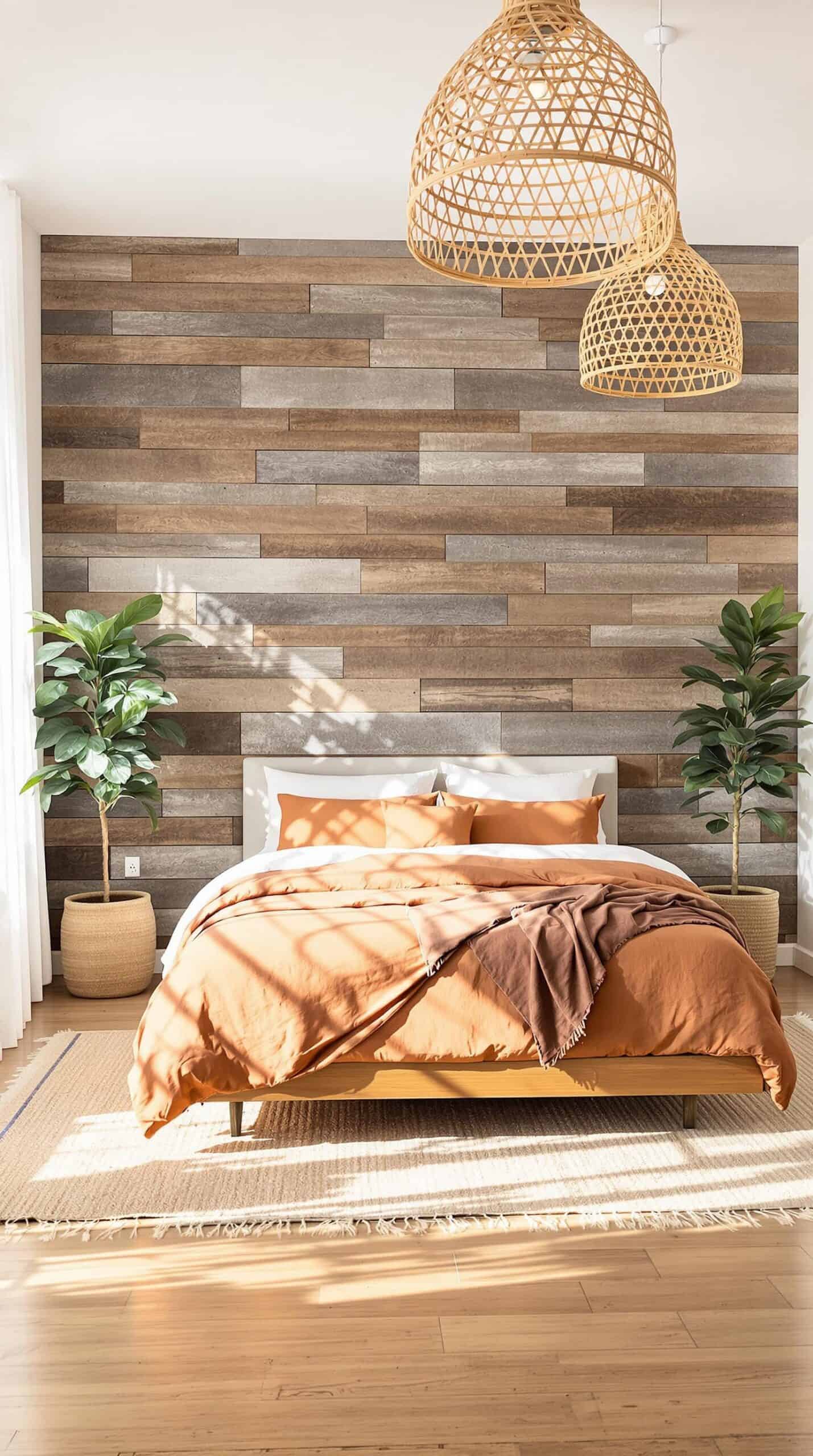 a bedroom with a large bed and a wooden wall